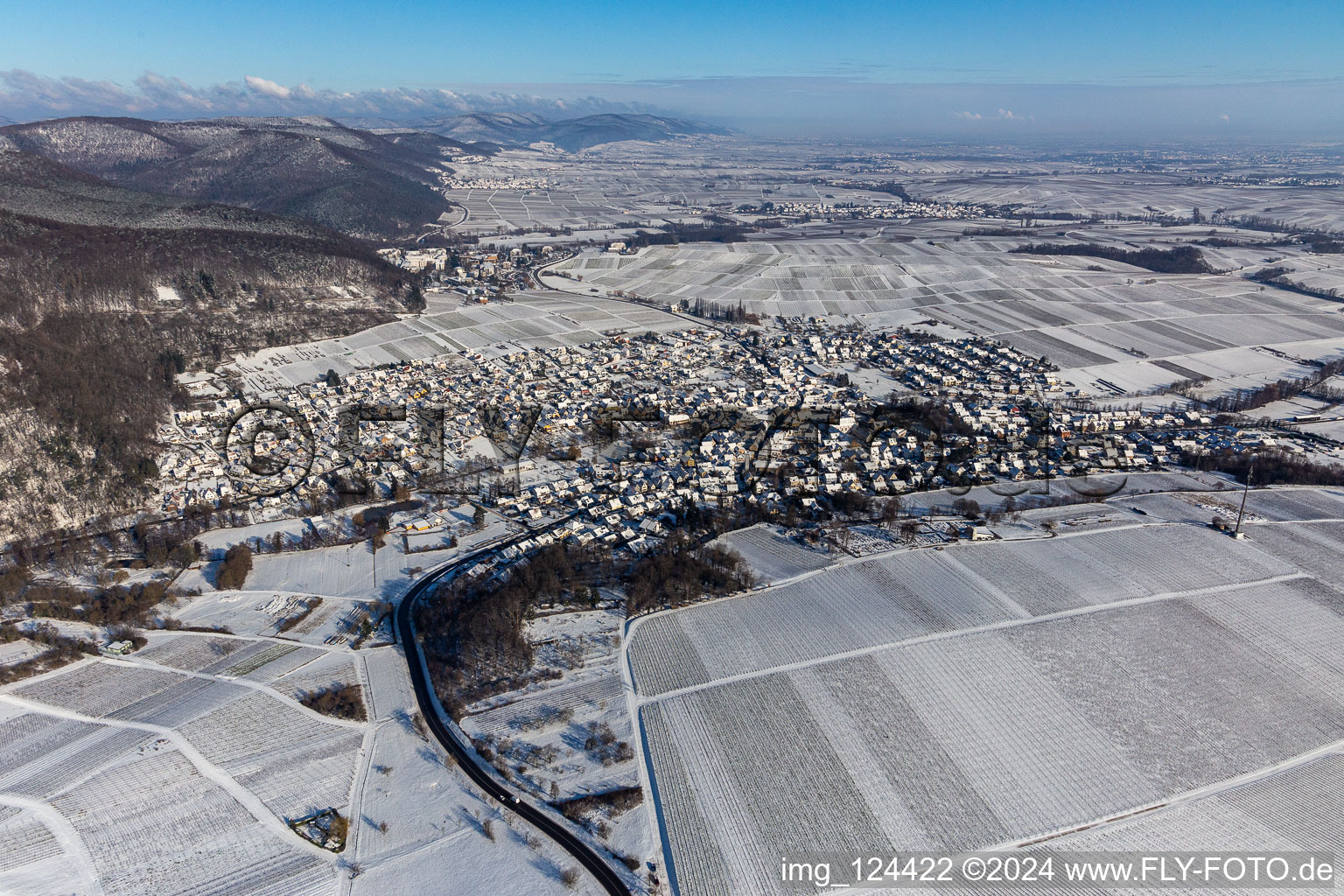 Winter aerial view in the snow in Klingenmünster in the state Rhineland-Palatinate, Germany