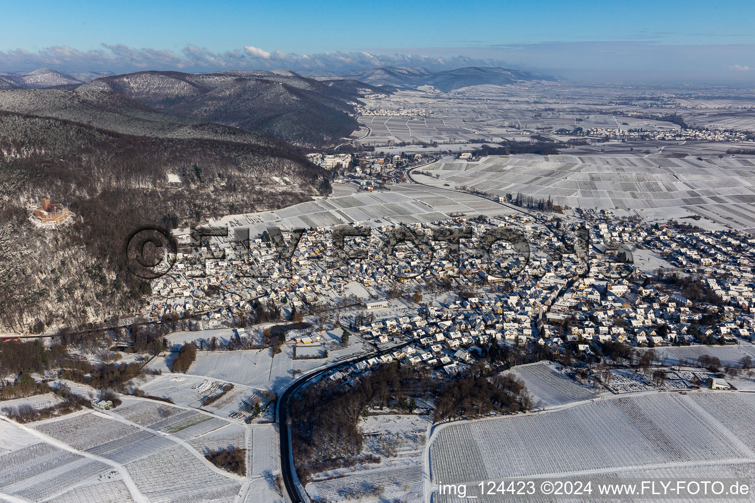 Aerial view of Wintry snowy city view on down town in Klingenmuenster in the state Rhineland-Palatinate, Germany