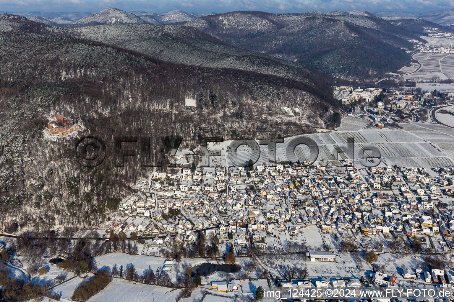 Aerial view of Winter aerial view in the snow in Klingenmünster in the state Rhineland-Palatinate, Germany