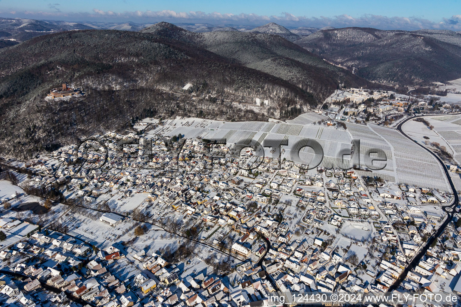 Aerial view of Winter aerial view in the snow in Klingenmünster in the state Rhineland-Palatinate, Germany