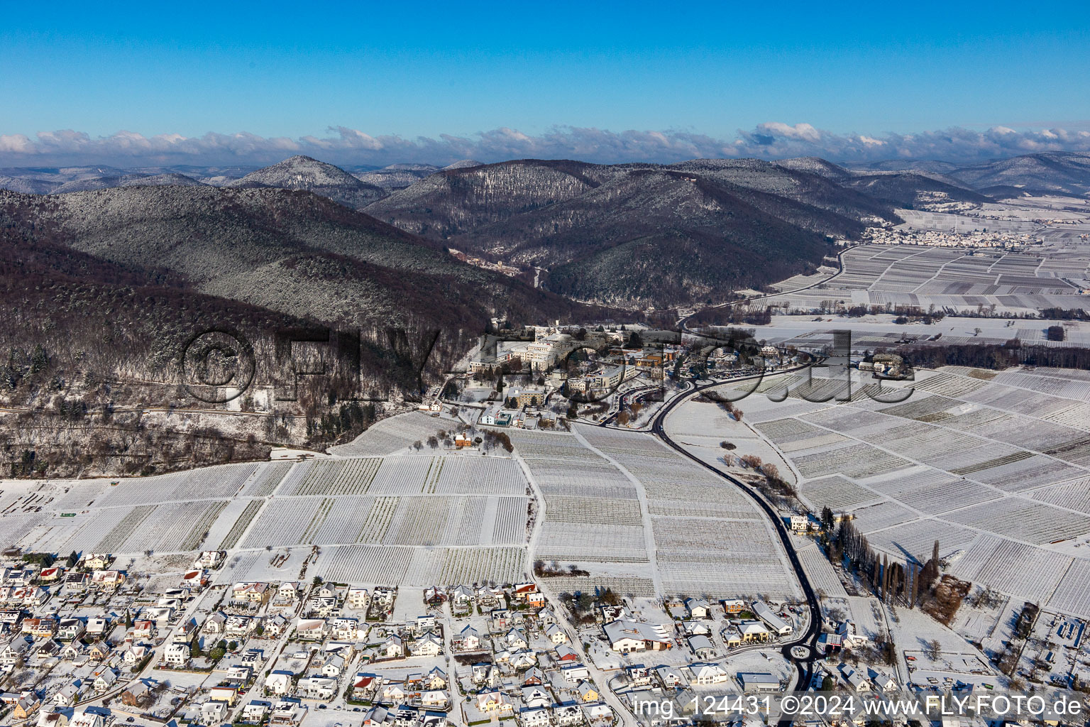 Winter aerial view in the snow of the Palatinate Hospital for Psychiatry in Klingenmünster in the state Rhineland-Palatinate, Germany