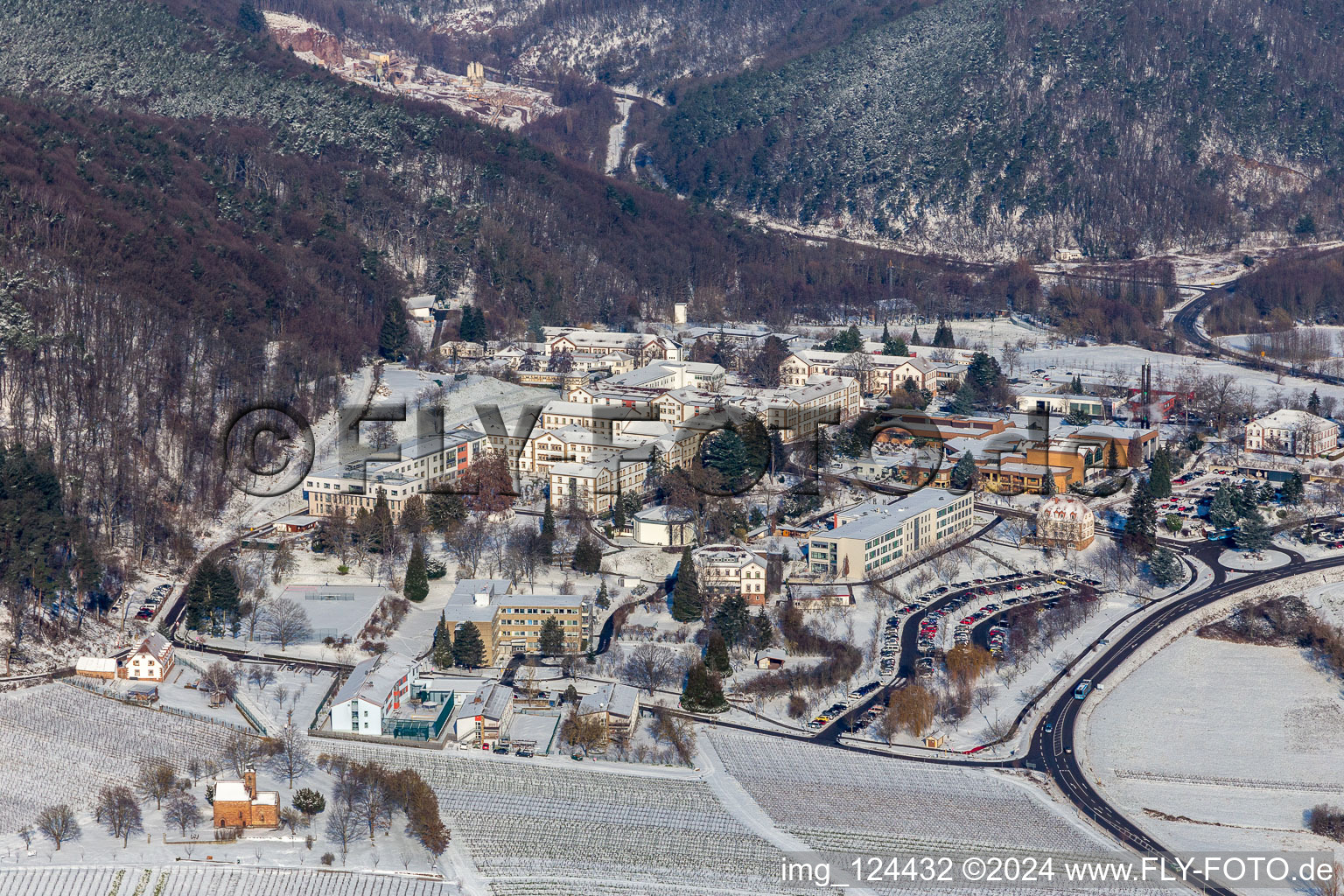 Aerial view of Winter aerial view in the snow of the Palatinate Hospital for Psychiatry in Klingenmünster in the state Rhineland-Palatinate, Germany