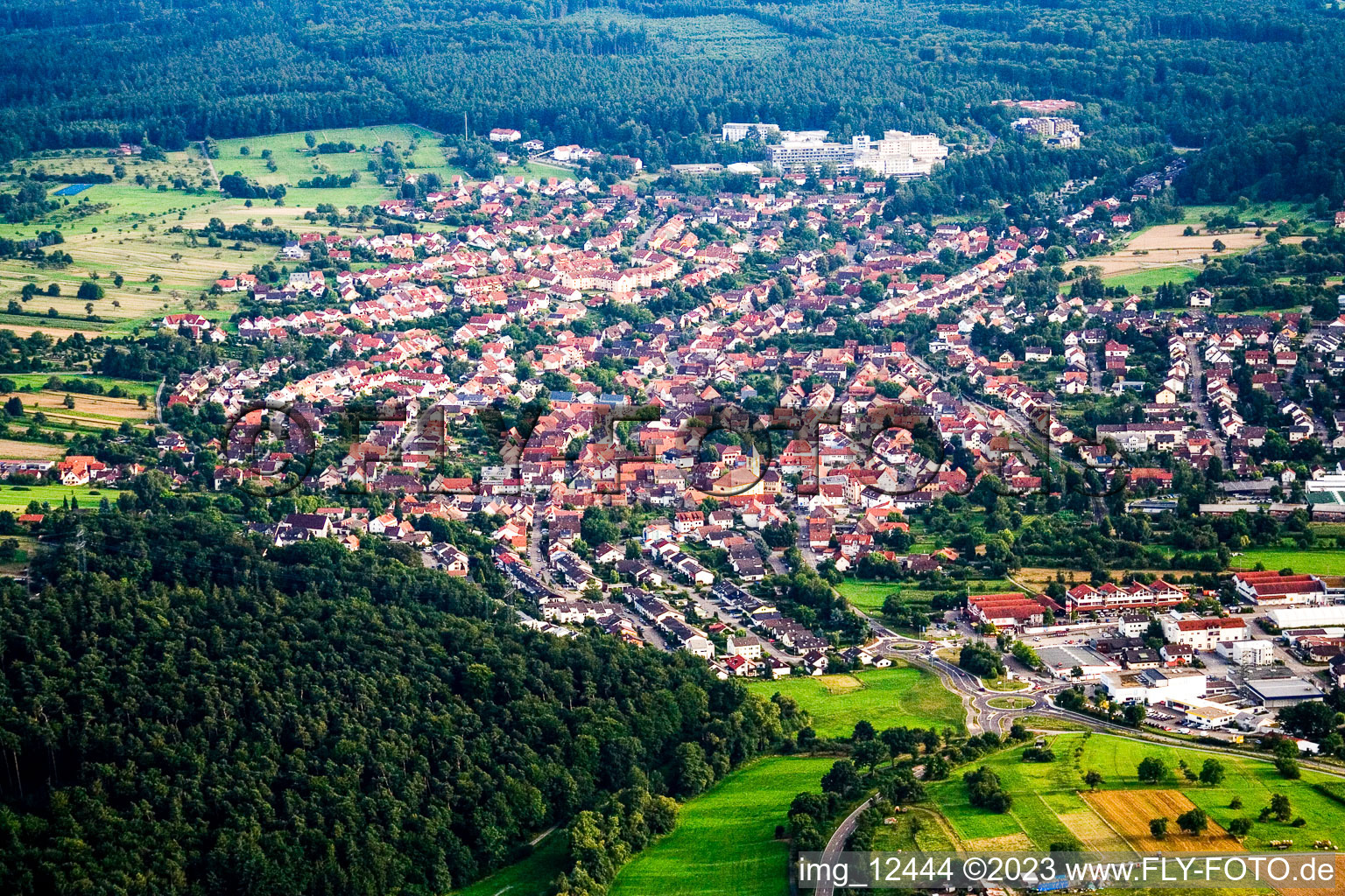 Aerial view of District Langensteinbach in Karlsbad in the state Baden-Wuerttemberg, Germany