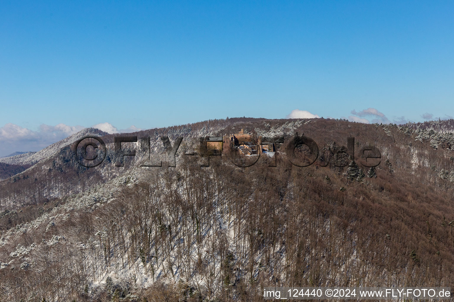 Winter aerial view in the snow of Madenburg in Eschbach in the state Rhineland-Palatinate, Germany