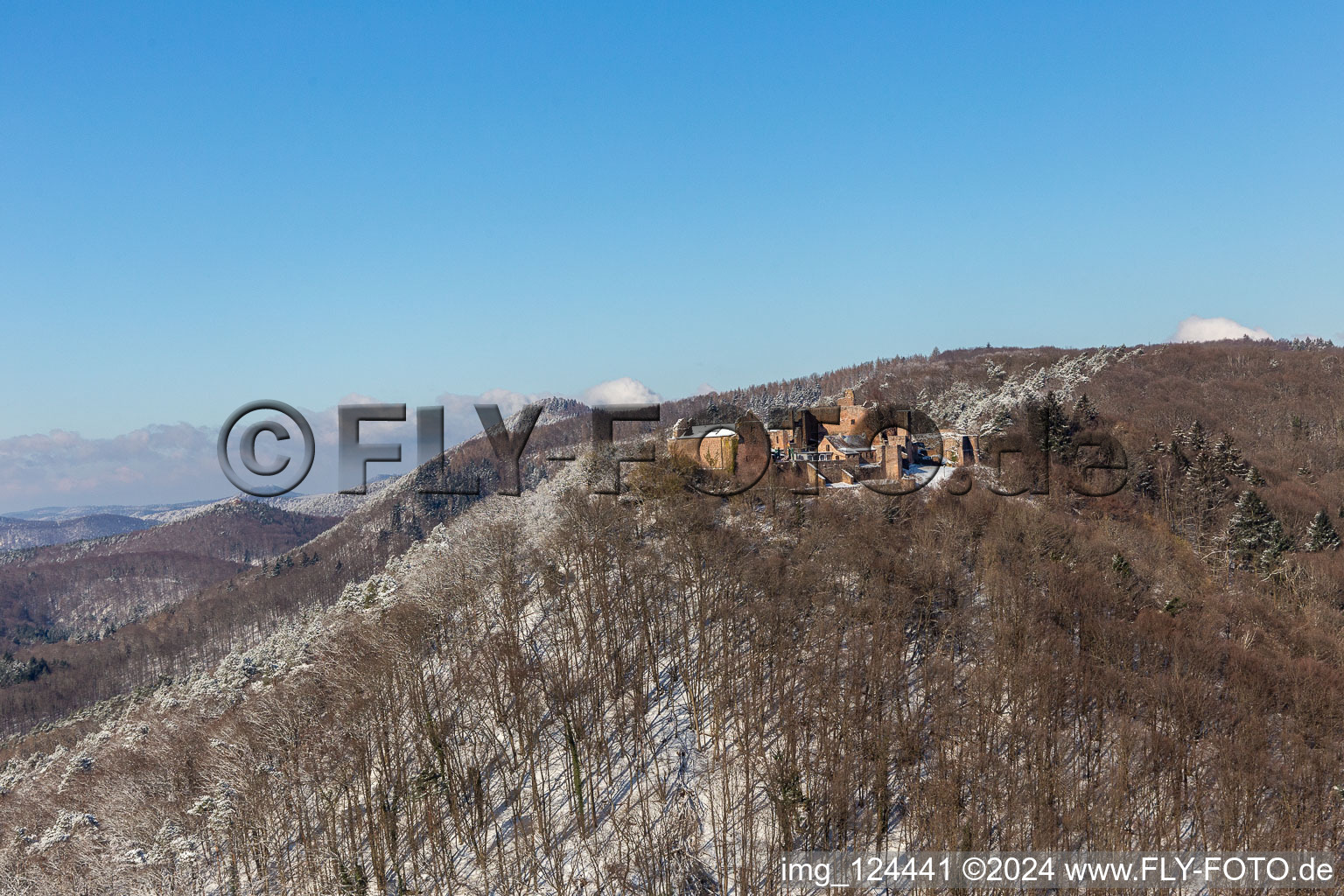 Aerial view of Winter aerial view in the snow of Madenburg in Eschbach in the state Rhineland-Palatinate, Germany