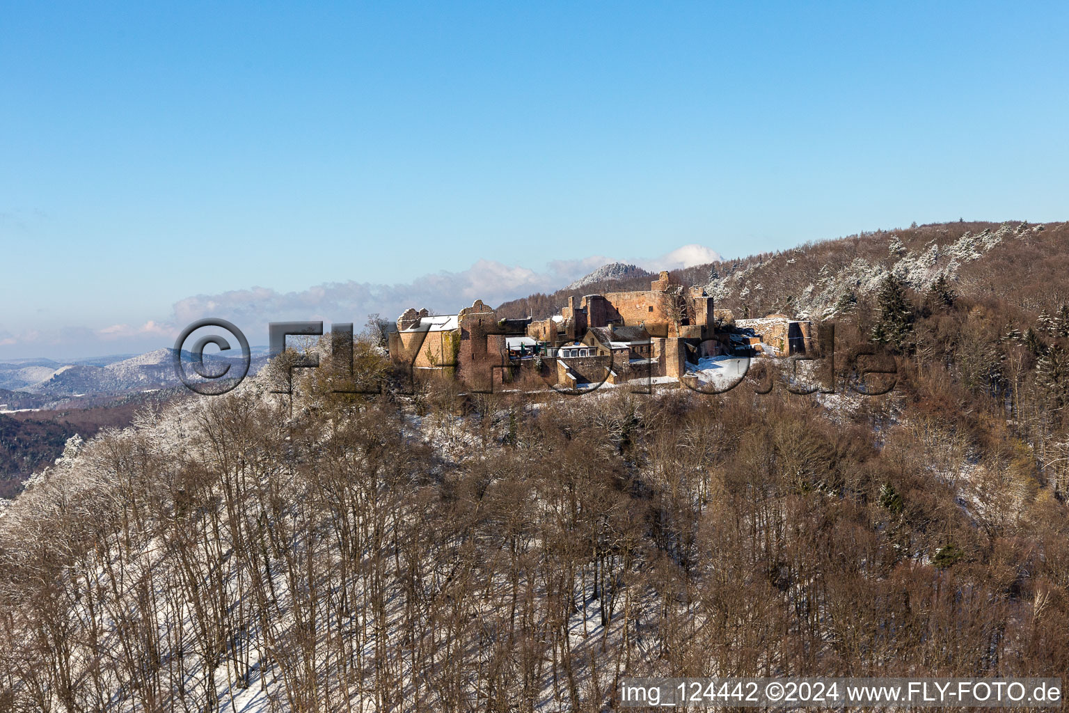 Aerial view of Winter aerial view in the snow of Madenburg in Eschbach in the state Rhineland-Palatinate, Germany