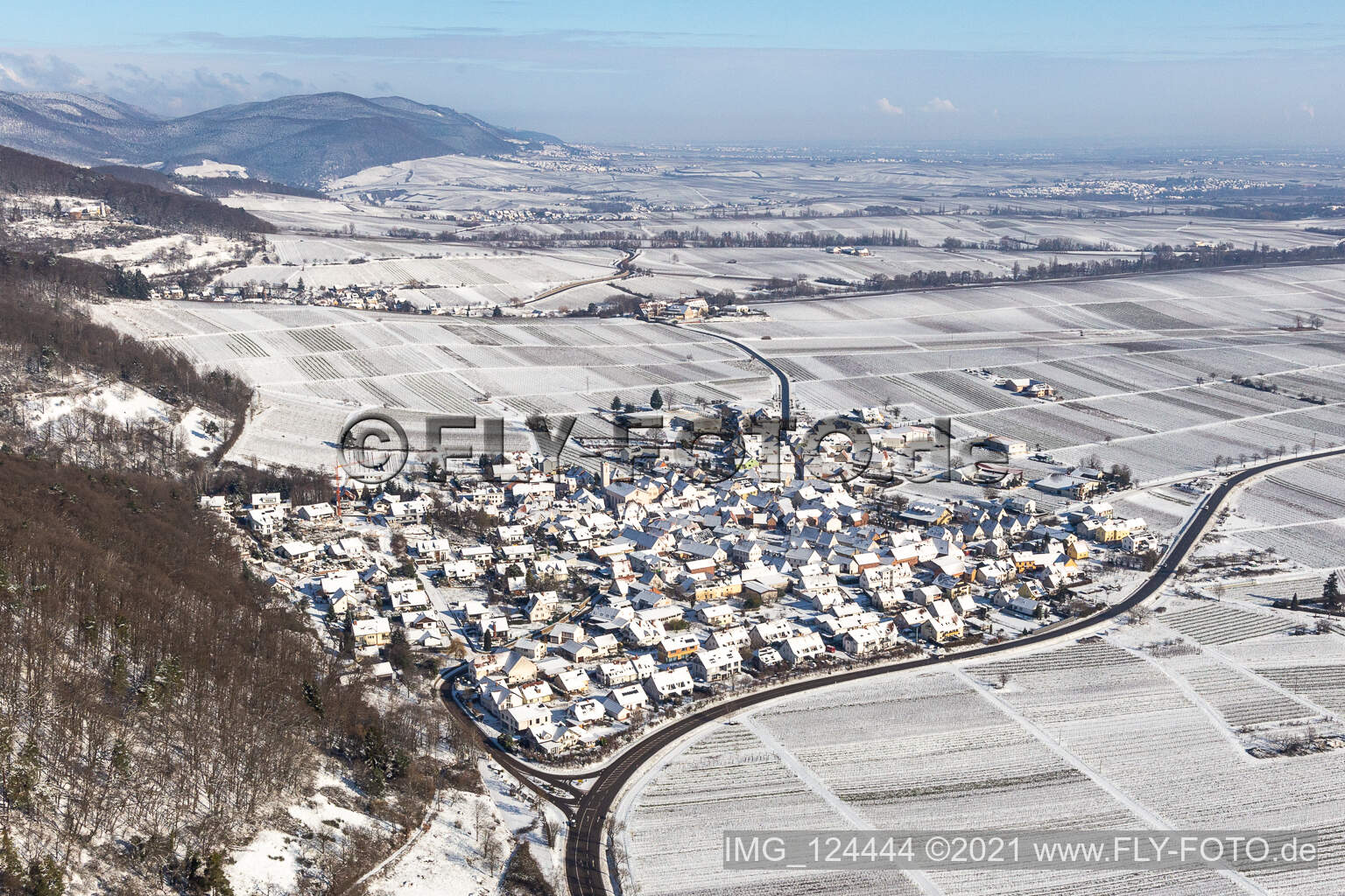 Winter aerial view in the snow in Eschbach in the state Rhineland-Palatinate, Germany