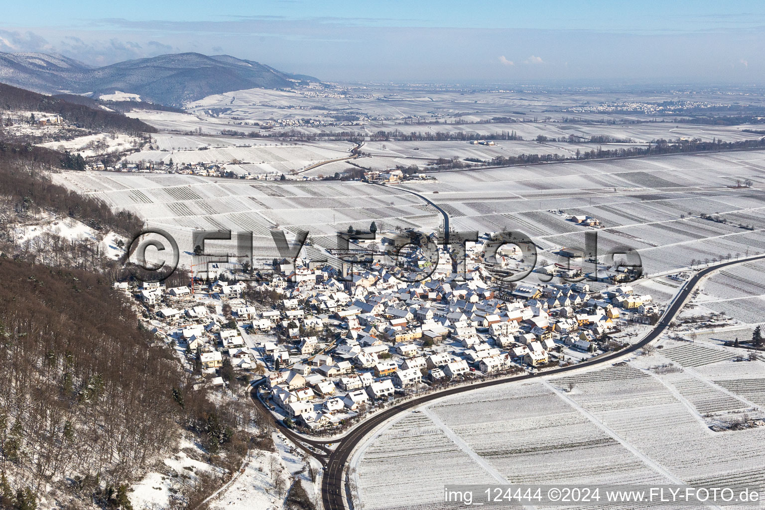 Winter aerial view in the snow in Eschbach in the state Rhineland-Palatinate, Germany