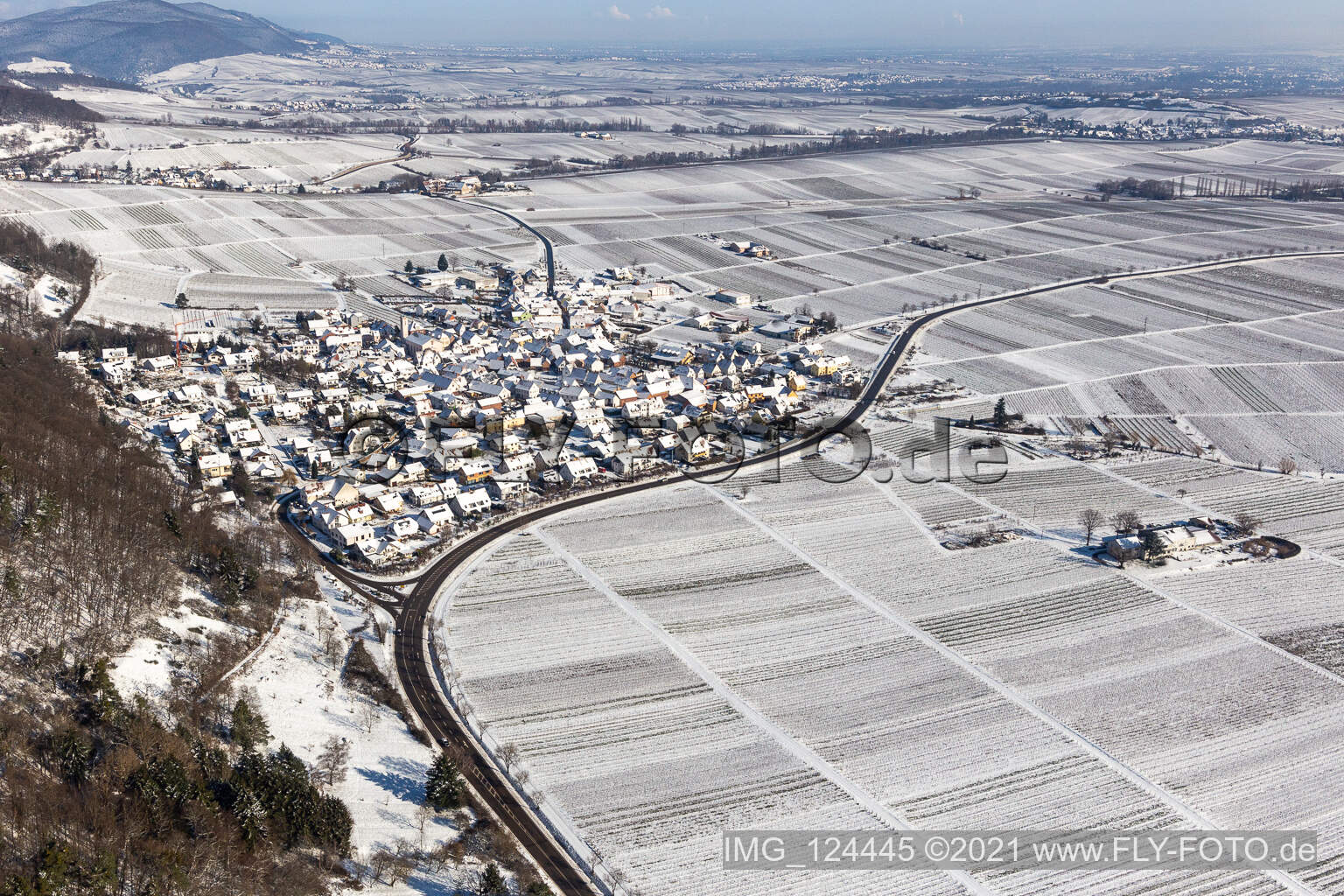 Aerial view of Winter aerial view in the snow in Eschbach in the state Rhineland-Palatinate, Germany