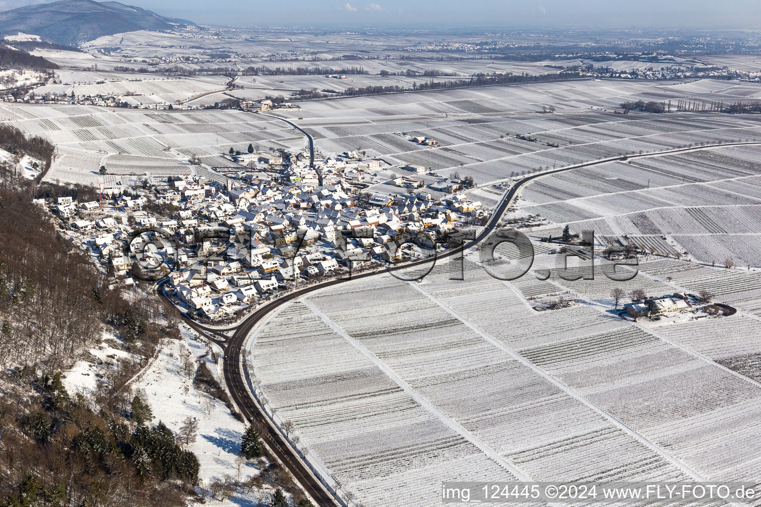 Aerial view of Winter aerial view in the snow in Eschbach in the state Rhineland-Palatinate, Germany