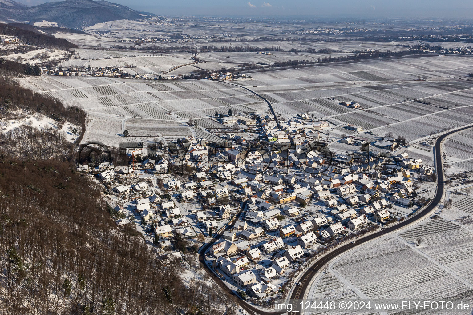 Wintry snowy village - view on the edge of Wine yards below the hilly edge of the Haardt Palatinat forest in Eschbach in the state Rhineland-Palatinate