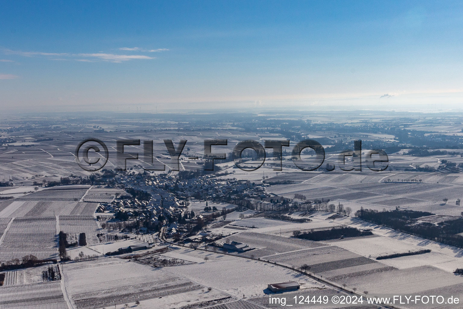 Aerial view of Winter aerial view in the snow in Göcklingen in the state Rhineland-Palatinate, Germany