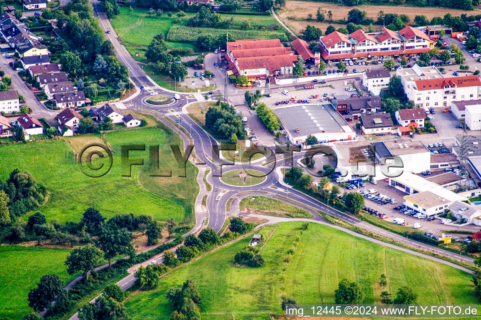 Traffic management of the twin-roundabout road of Weinbrennerstasse in the district Langensteinbach in Karlsbad in the state Baden-Wurttemberg, Germany