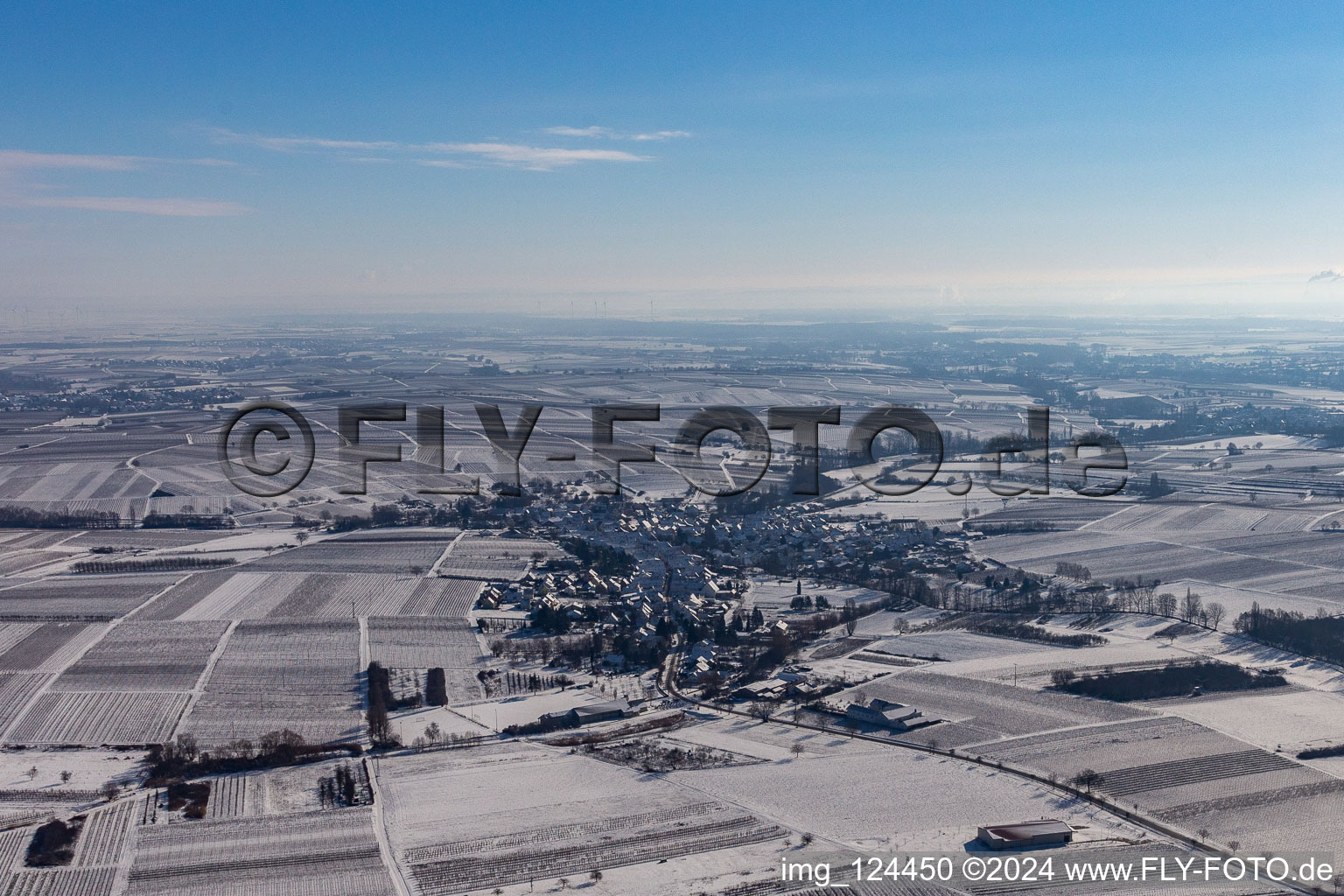 Aerial view of Winter aerial view in the snow in Göcklingen in the state Rhineland-Palatinate, Germany