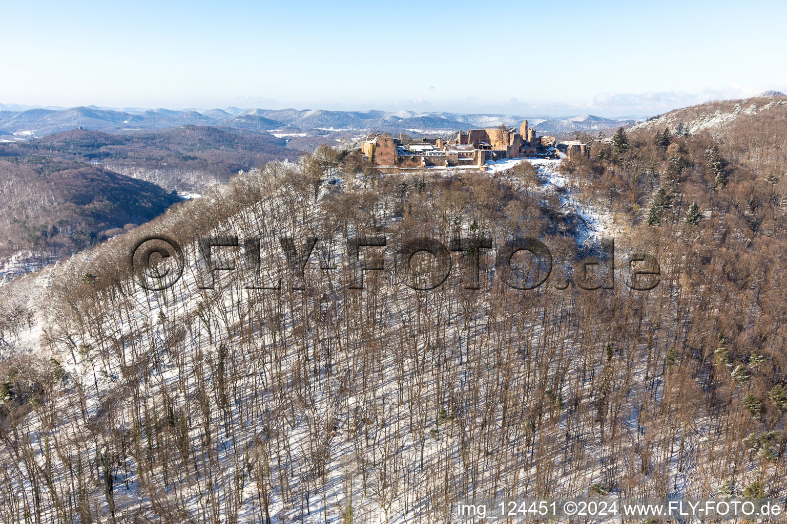 Aerial view of Winter aerial view in the snow of Madenburg in Eschbach in the state Rhineland-Palatinate, Germany