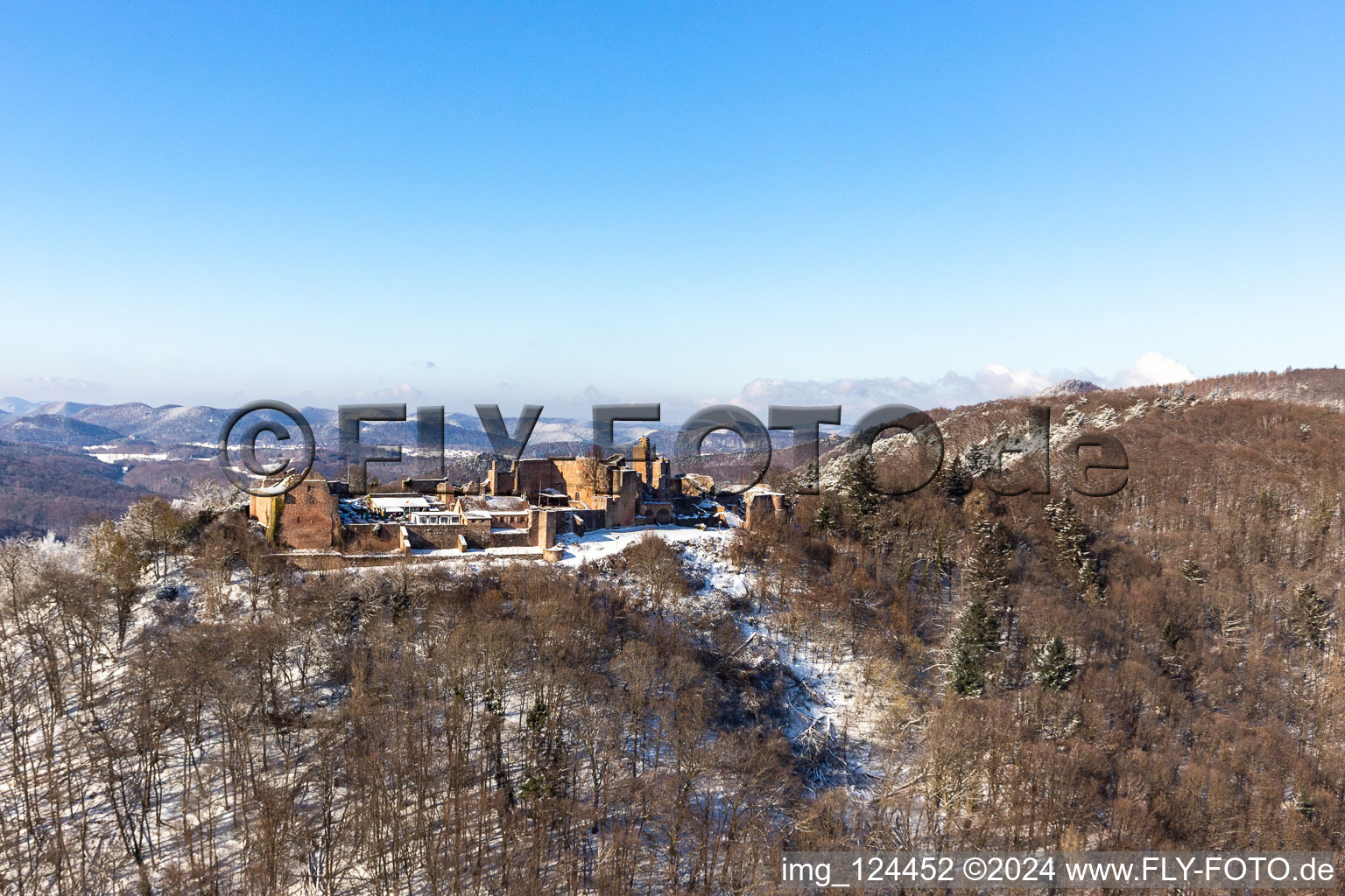 Aerial view of Winter aerial view in the snow of Madenburg in Eschbach in the state Rhineland-Palatinate, Germany