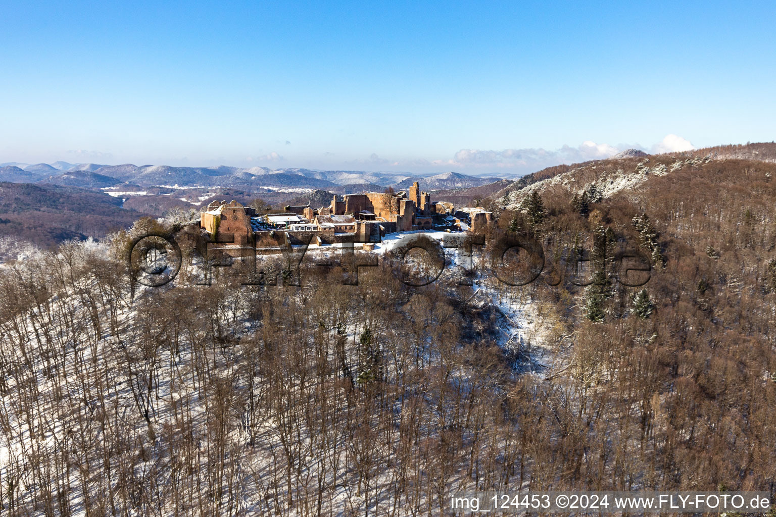 Aerial view of Winter aerial view in the snow of Madenburg in Eschbach in the state Rhineland-Palatinate, Germany