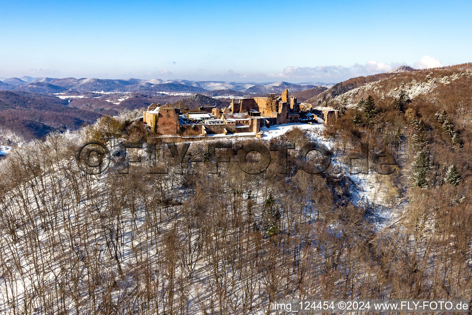 Aerial view of Winter aerial view in the snow of Madenburg in Eschbach in the state Rhineland-Palatinate, Germany