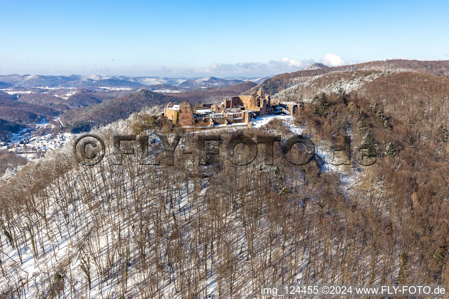 Aerial view of Winter aerial view in the snow of Madenburg in Eschbach in the state Rhineland-Palatinate, Germany