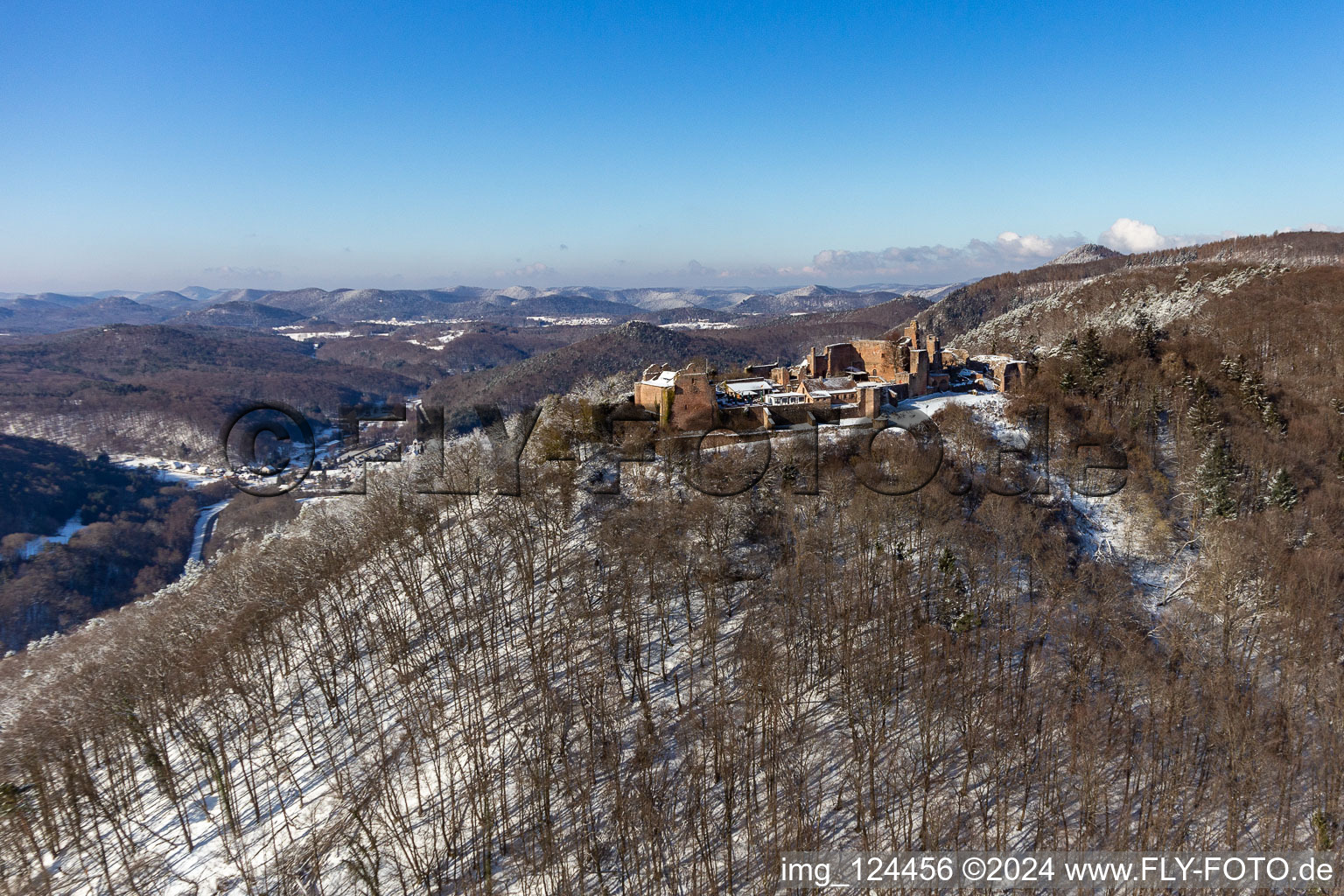 Aerial view of Winter aerial view in the snow of Madenburg in Eschbach in the state Rhineland-Palatinate, Germany