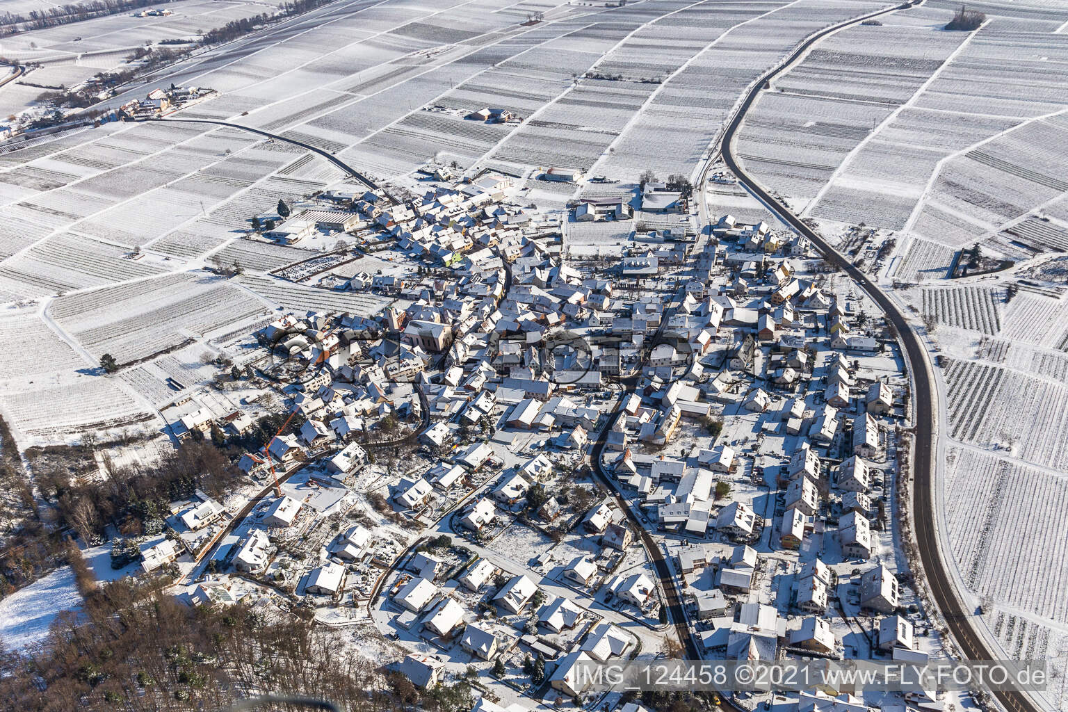 Aerial view of Winter aerial view in the snow in Eschbach in the state Rhineland-Palatinate, Germany