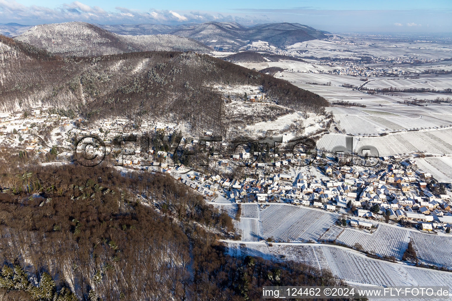 Winter aerial view in the snow in Leinsweiler in the state Rhineland-Palatinate, Germany