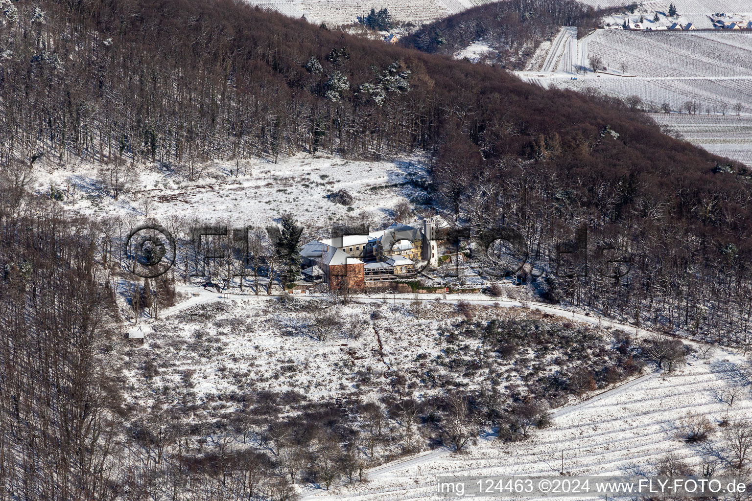 Winter aerial view in the snow from Slevogthof in Leinsweiler in the state Rhineland-Palatinate, Germany