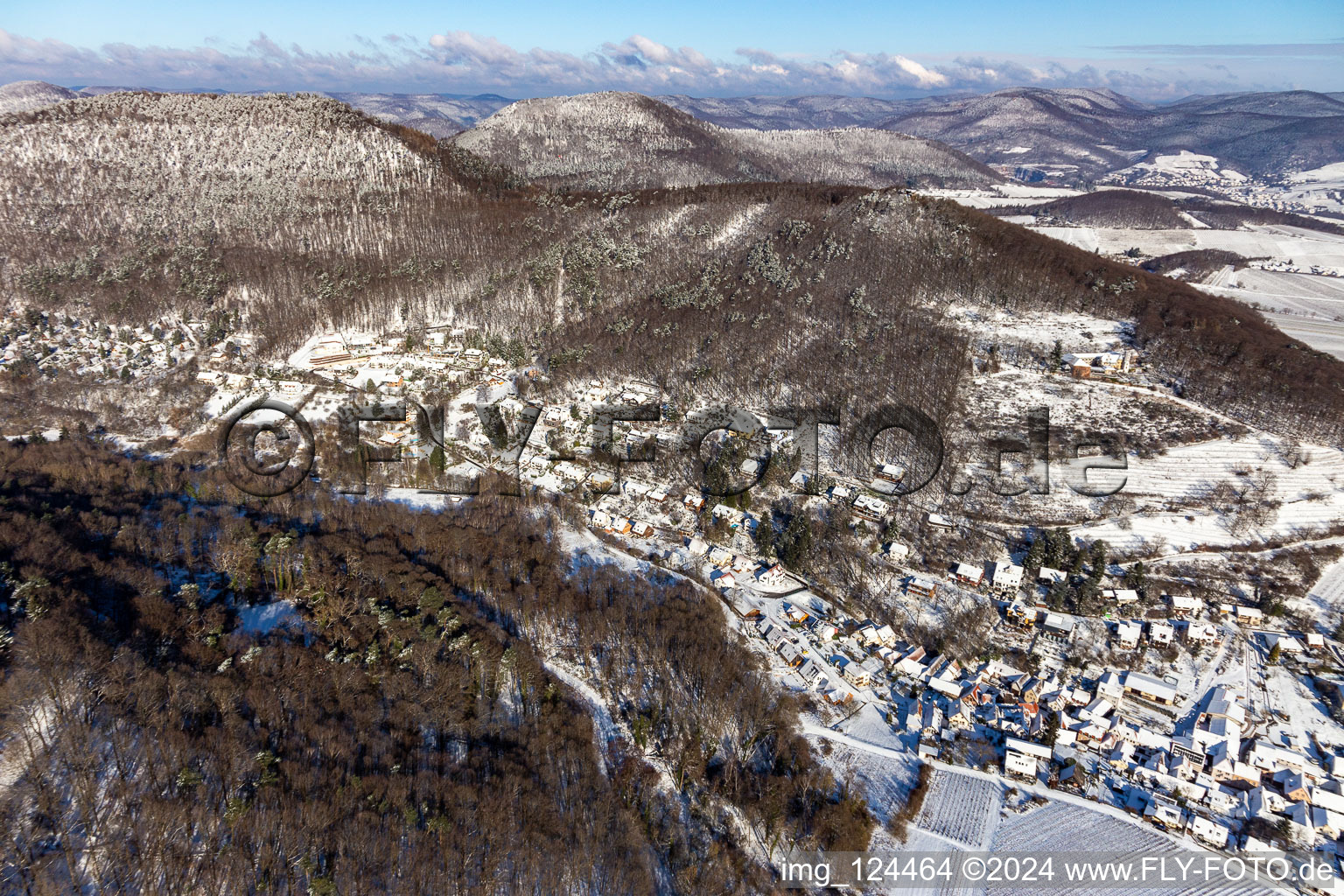 Aerial view of Winter aerial view in the snow in Leinsweiler in the state Rhineland-Palatinate, Germany