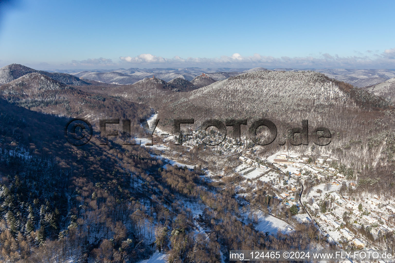 Winter aerial view in the snow of the Birnbachtal in Leinsweiler in the state Rhineland-Palatinate, Germany