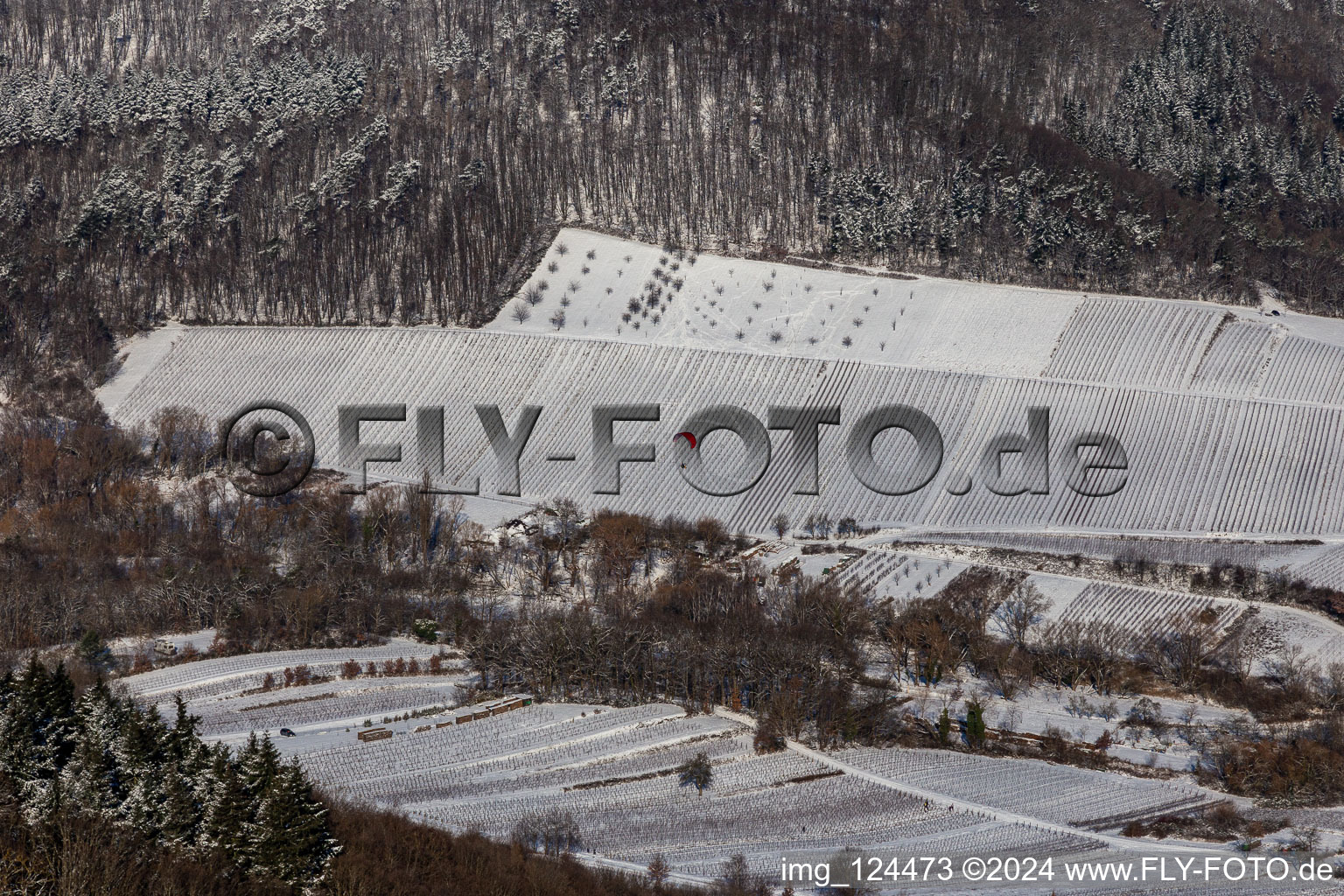 Winter aerial photo in the snow of paragliding landing in Ranschbachtal in Ranschbach in the state Rhineland-Palatinate, Germany