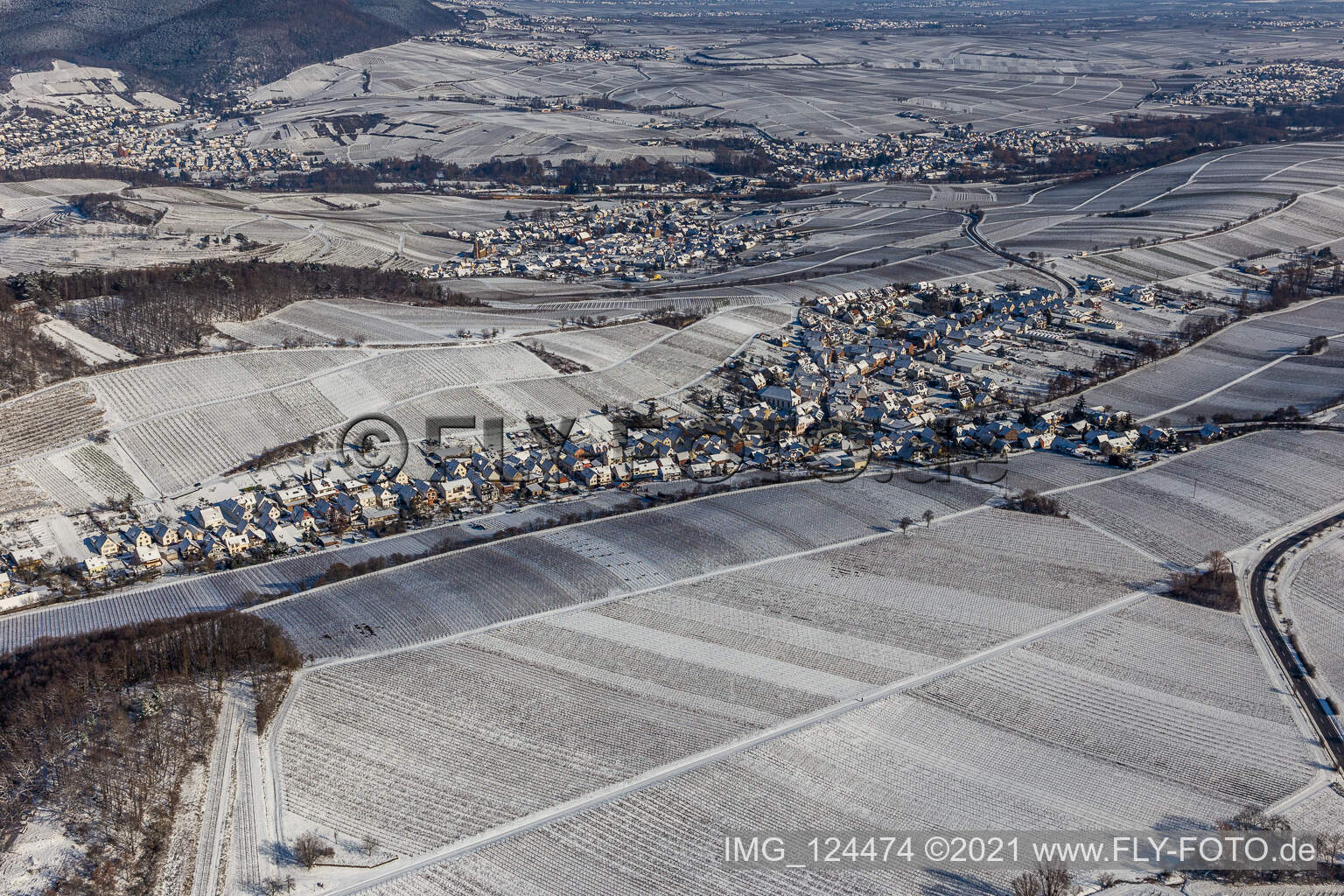 Winter aerial view in the snow in Ranschbach in the state Rhineland-Palatinate, Germany