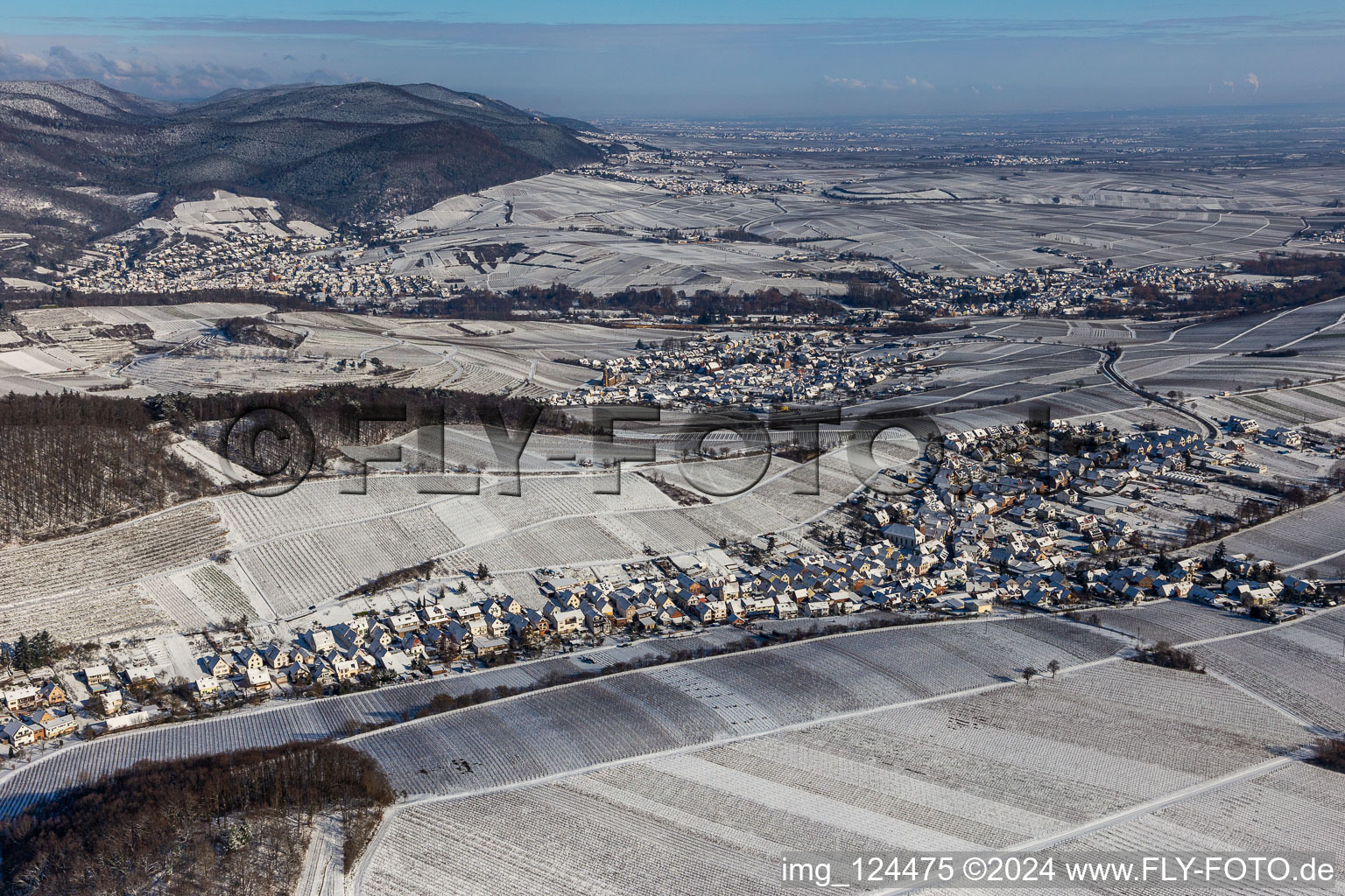 Aerial view of Winter aerial view in the snow in Ranschbach in the state Rhineland-Palatinate, Germany