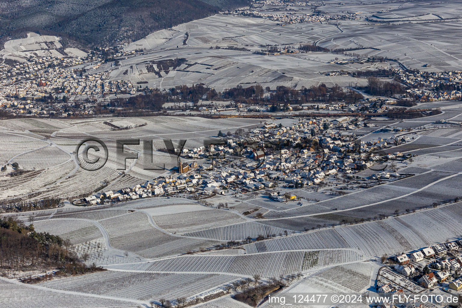 Winter aerial view in the snow in Birkweiler in the state Rhineland-Palatinate, Germany