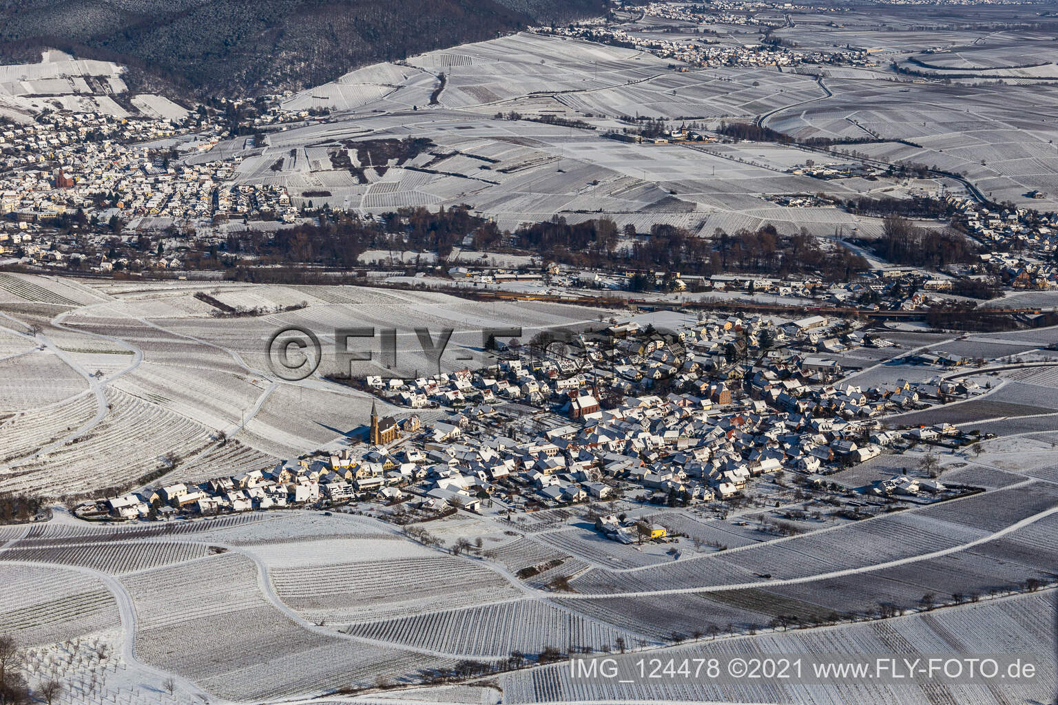 Aerial view of Winter aerial view in the snow in Birkweiler in the state Rhineland-Palatinate, Germany