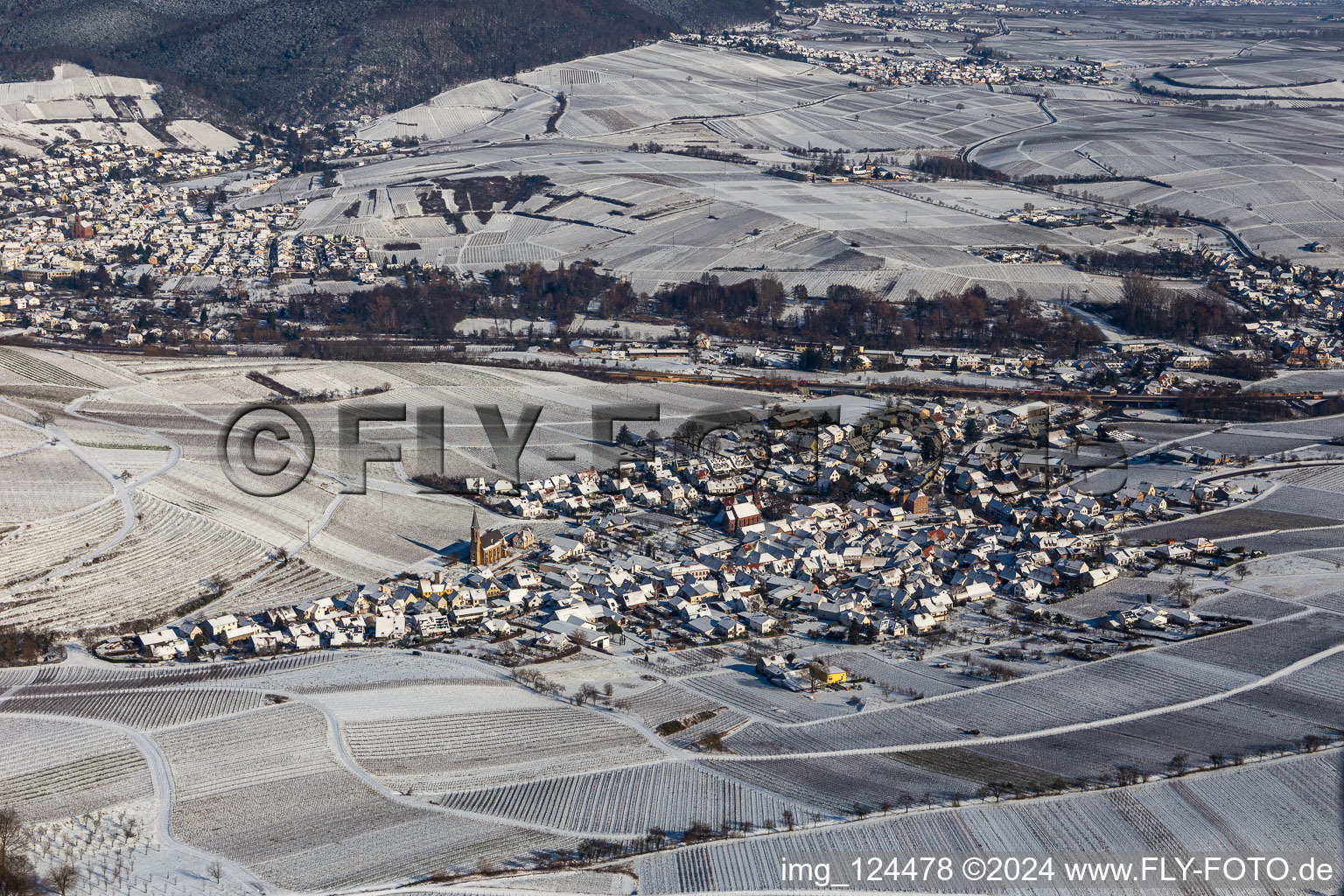 Aerial view of Winter aerial view in the snow in Birkweiler in the state Rhineland-Palatinate, Germany