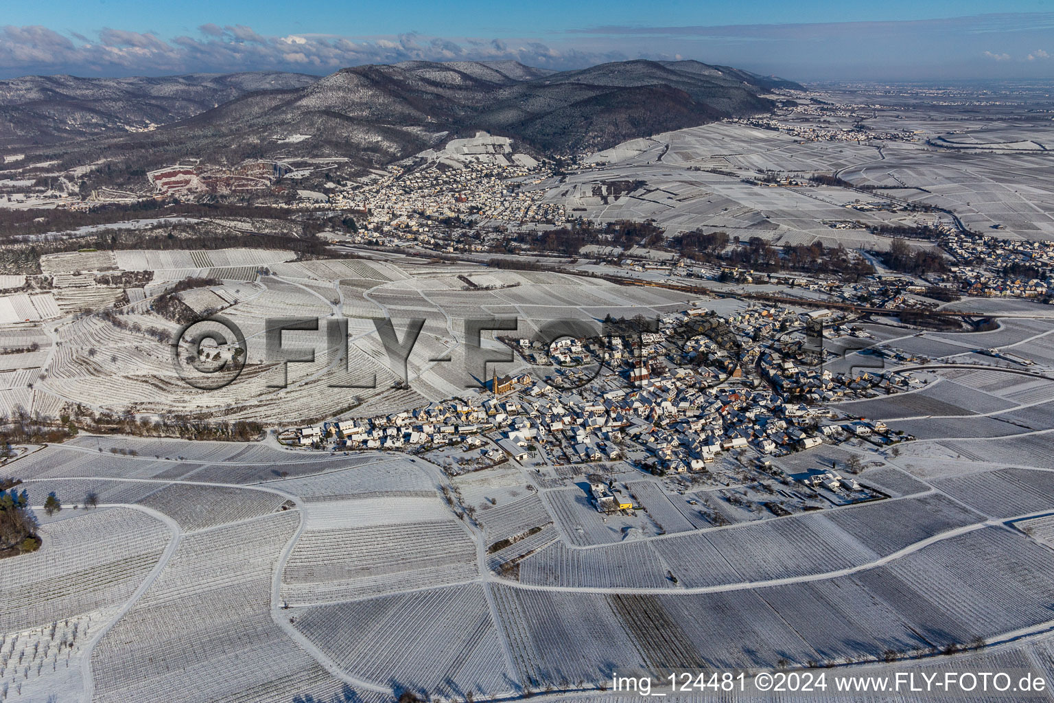 Wintry snowy wine yards surround the settlement area of the village in Birkweiler in the state Rhineland-Palatinate, Germany