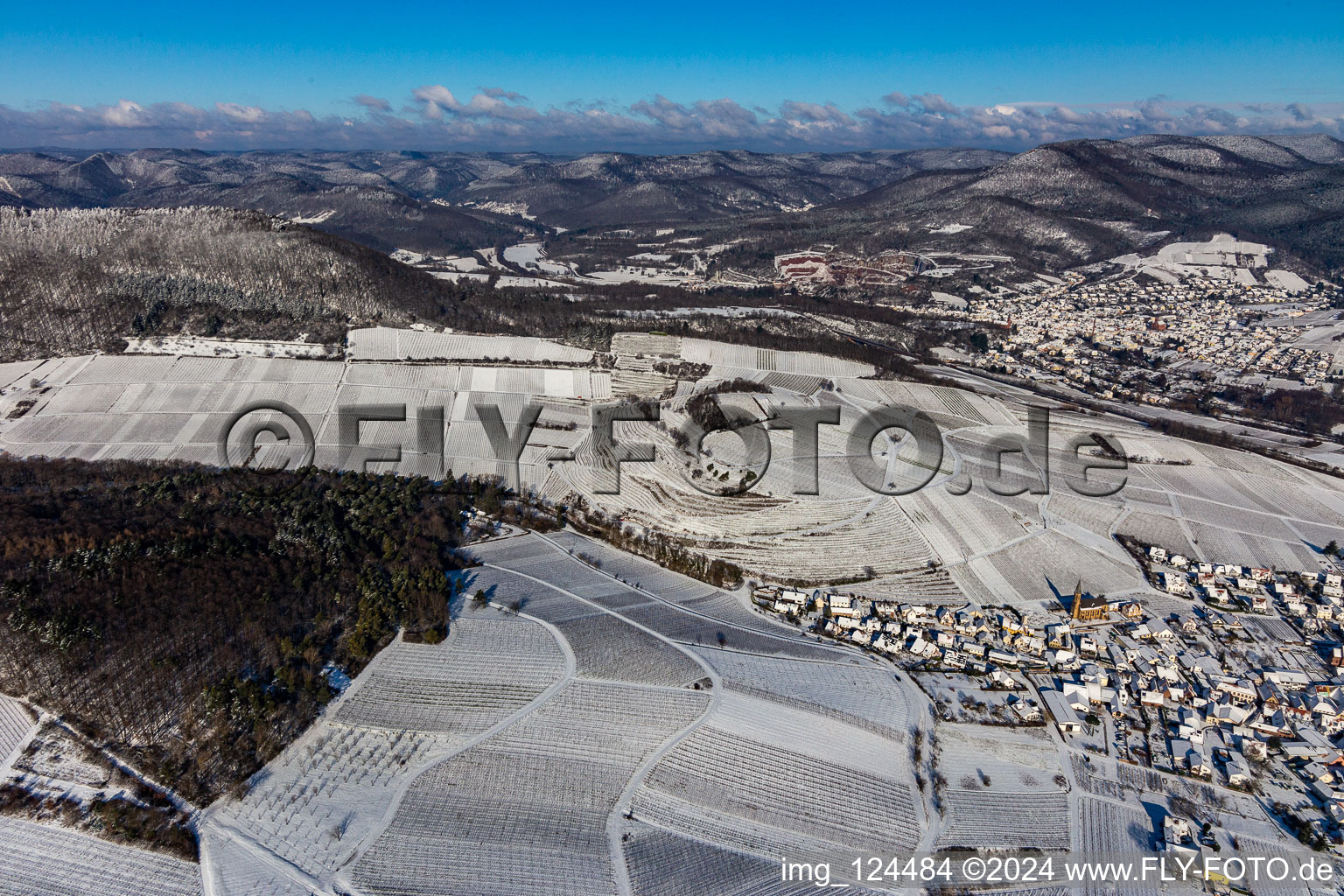 Winter aerial view in the snow of the Kestenbusch vineyard in Birkweiler in the state Rhineland-Palatinate, Germany