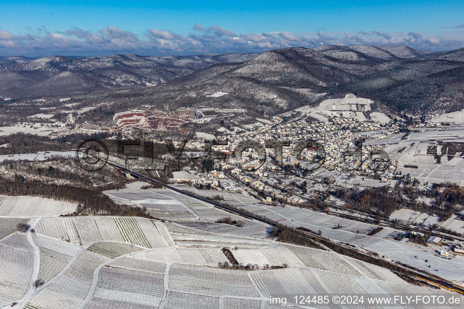 Winter aerial view in the snow in Albersweiler in the state Rhineland-Palatinate, Germany