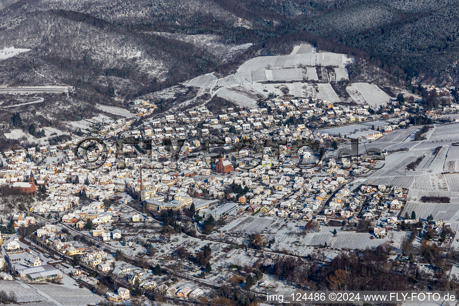 Aerial view of Winter aerial view in the snow in Albersweiler in the state Rhineland-Palatinate, Germany