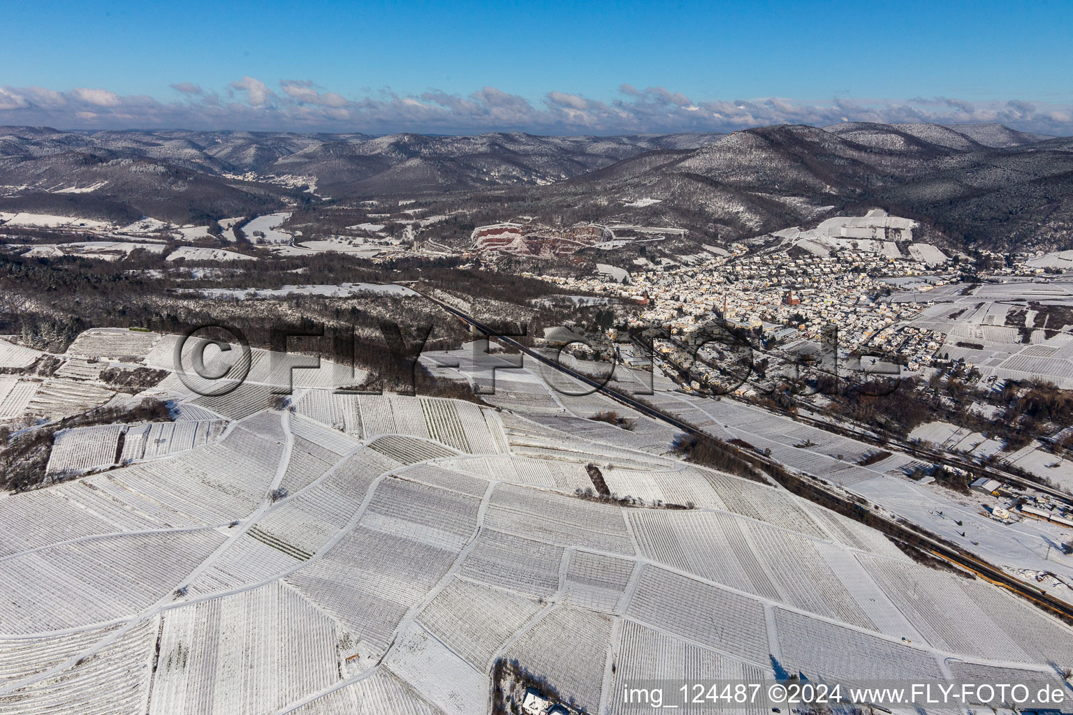 Aerial view of Winter aerial view in the snow in Albersweiler in the state Rhineland-Palatinate, Germany