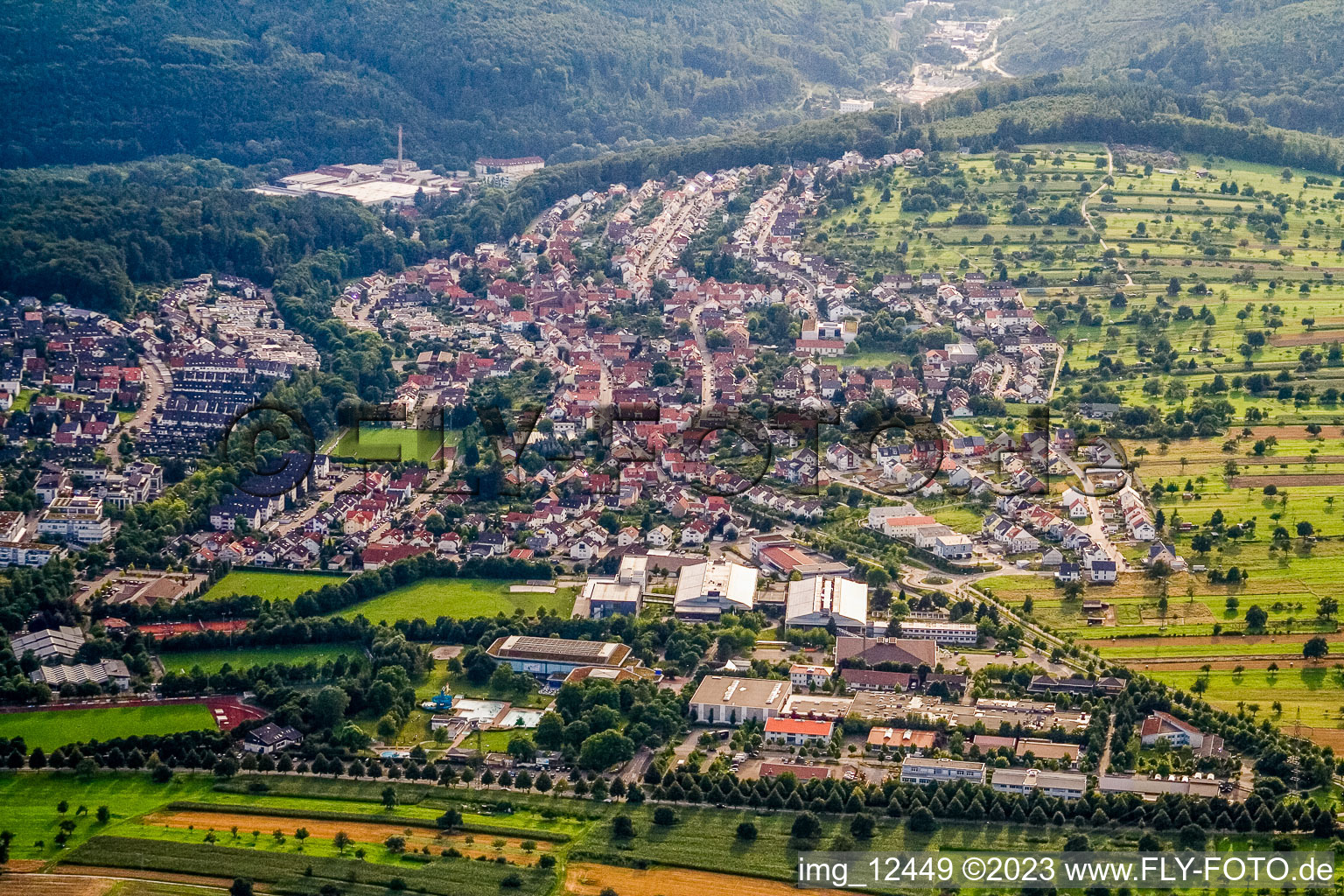 From the east in the district Busenbach in Waldbronn in the state Baden-Wuerttemberg, Germany