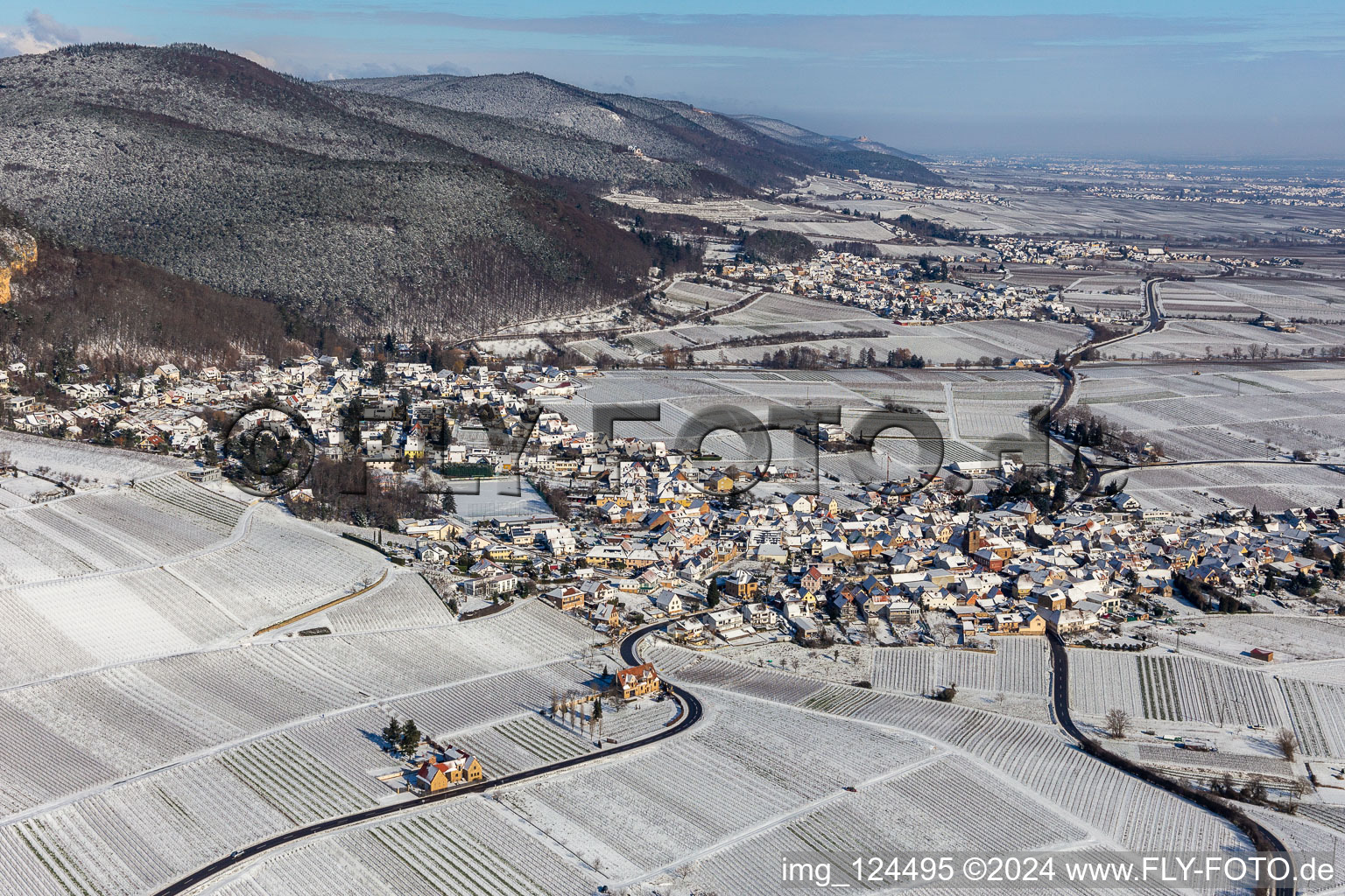 Winter aerial view in the snow in Frankweiler in the state Rhineland-Palatinate, Germany