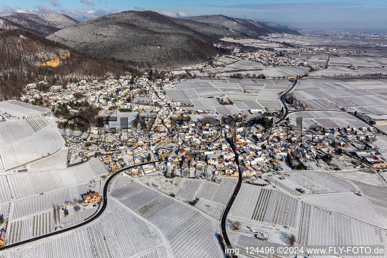 Aerial view of Winter aerial view in the snow in Frankweiler in the state Rhineland-Palatinate, Germany