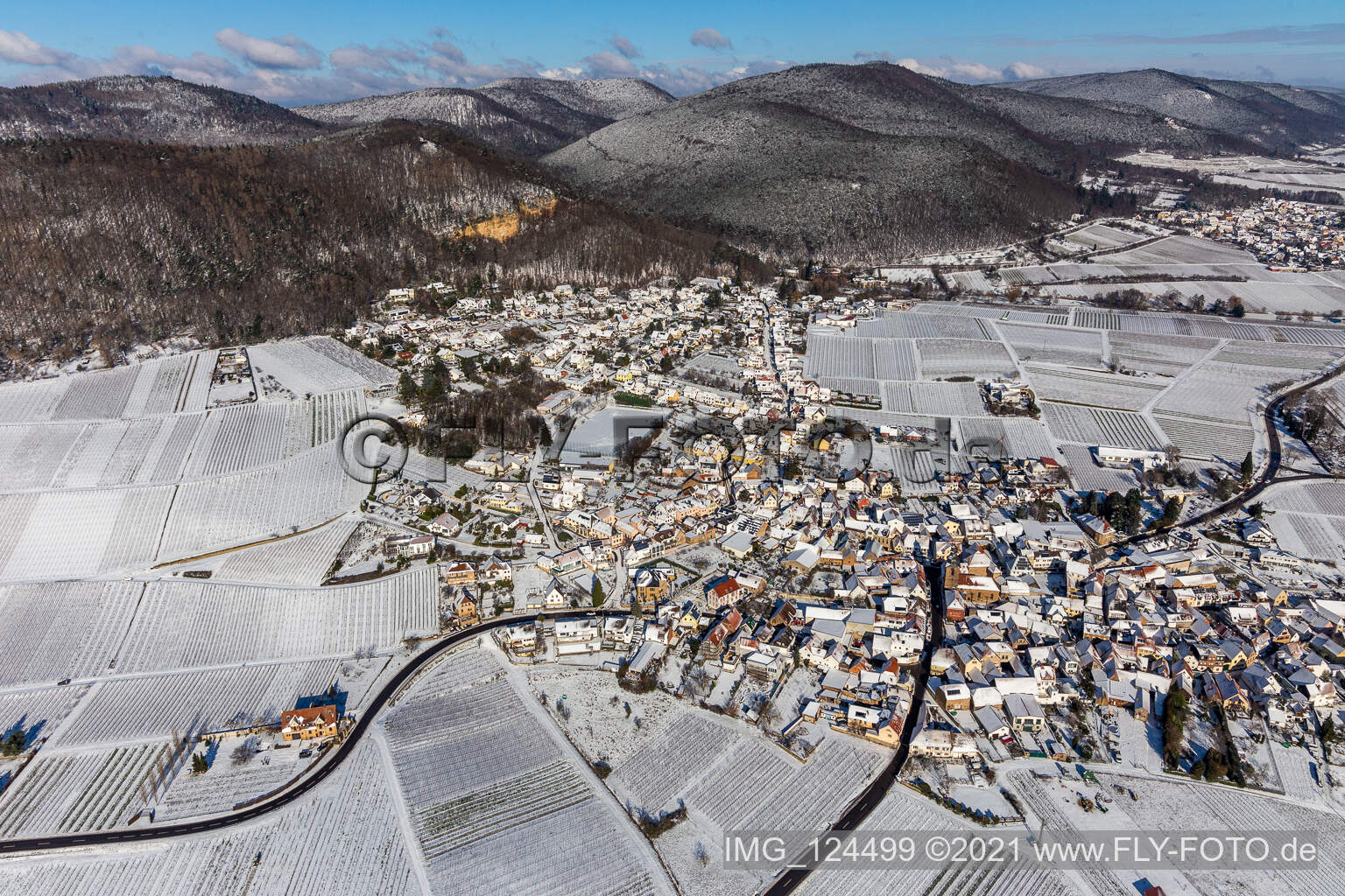 Aerial view of Winter aerial view in the snow in Frankweiler in the state Rhineland-Palatinate, Germany