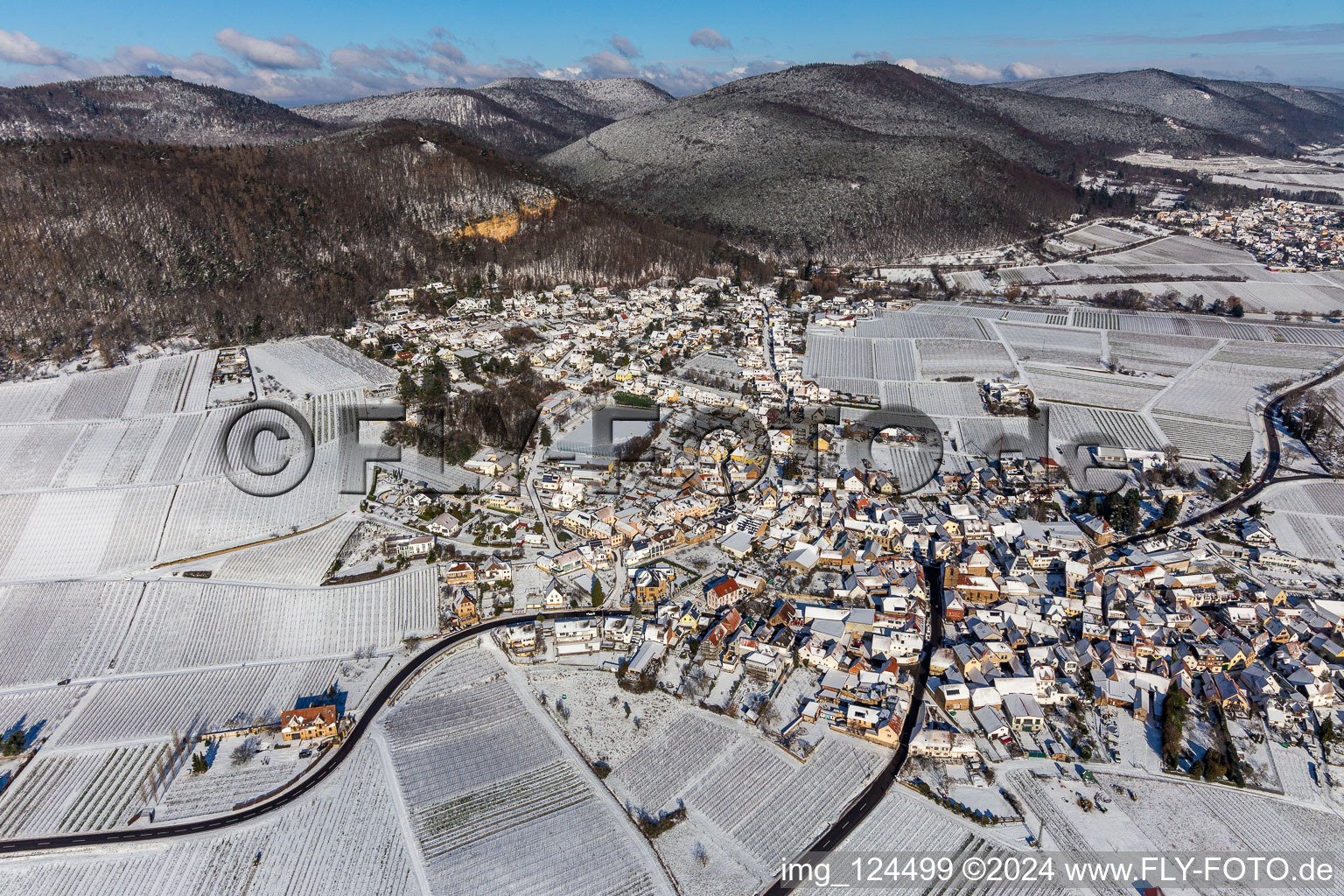 Aerial view of Winter aerial view in the snow in Frankweiler in the state Rhineland-Palatinate, Germany