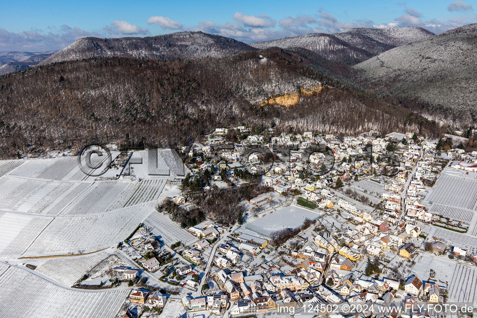 Aerial view of Winter aerial view in the snow in Frankweiler in the state Rhineland-Palatinate, Germany