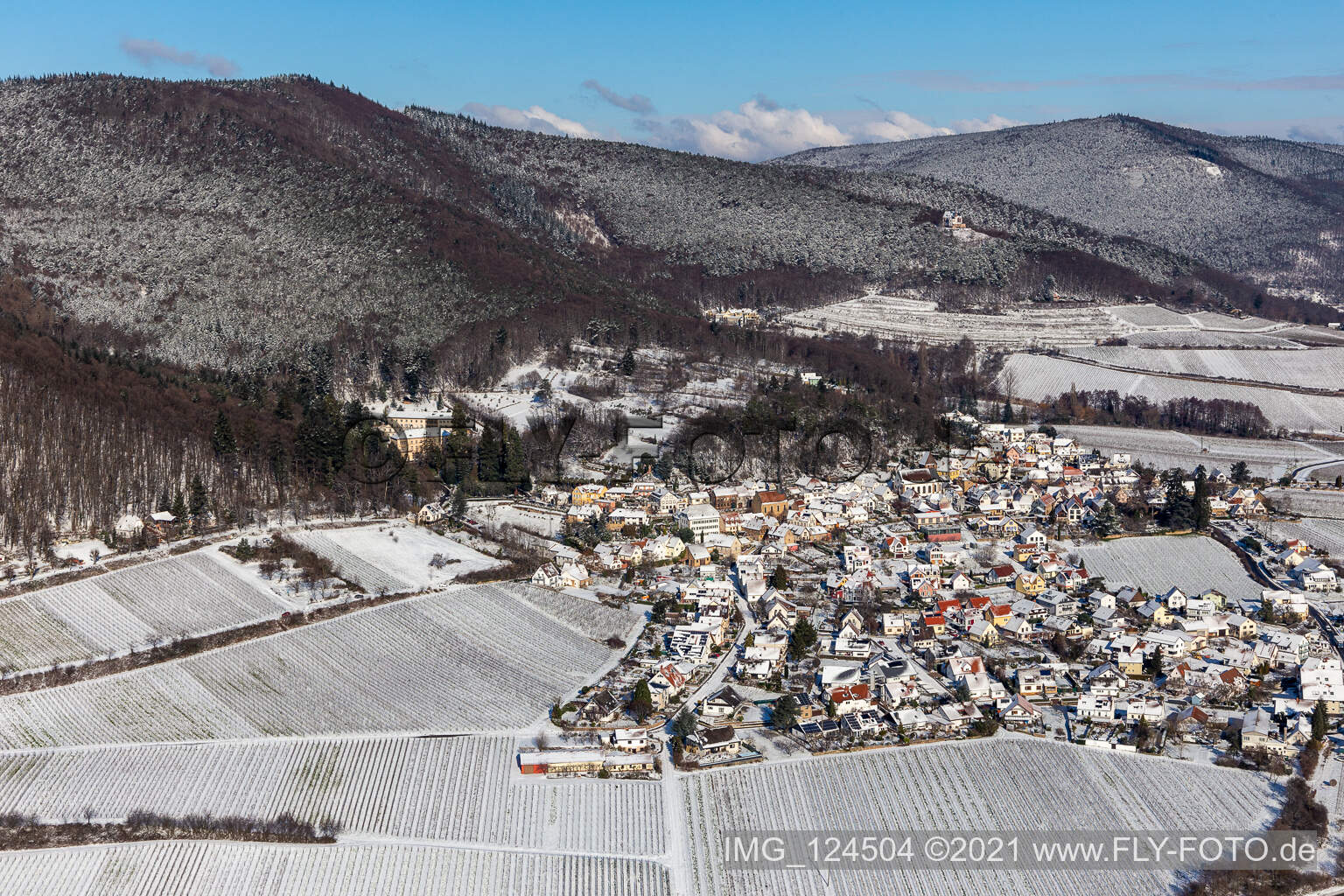 Winter aerial view in the snow in Gleisweiler in the state Rhineland-Palatinate, Germany