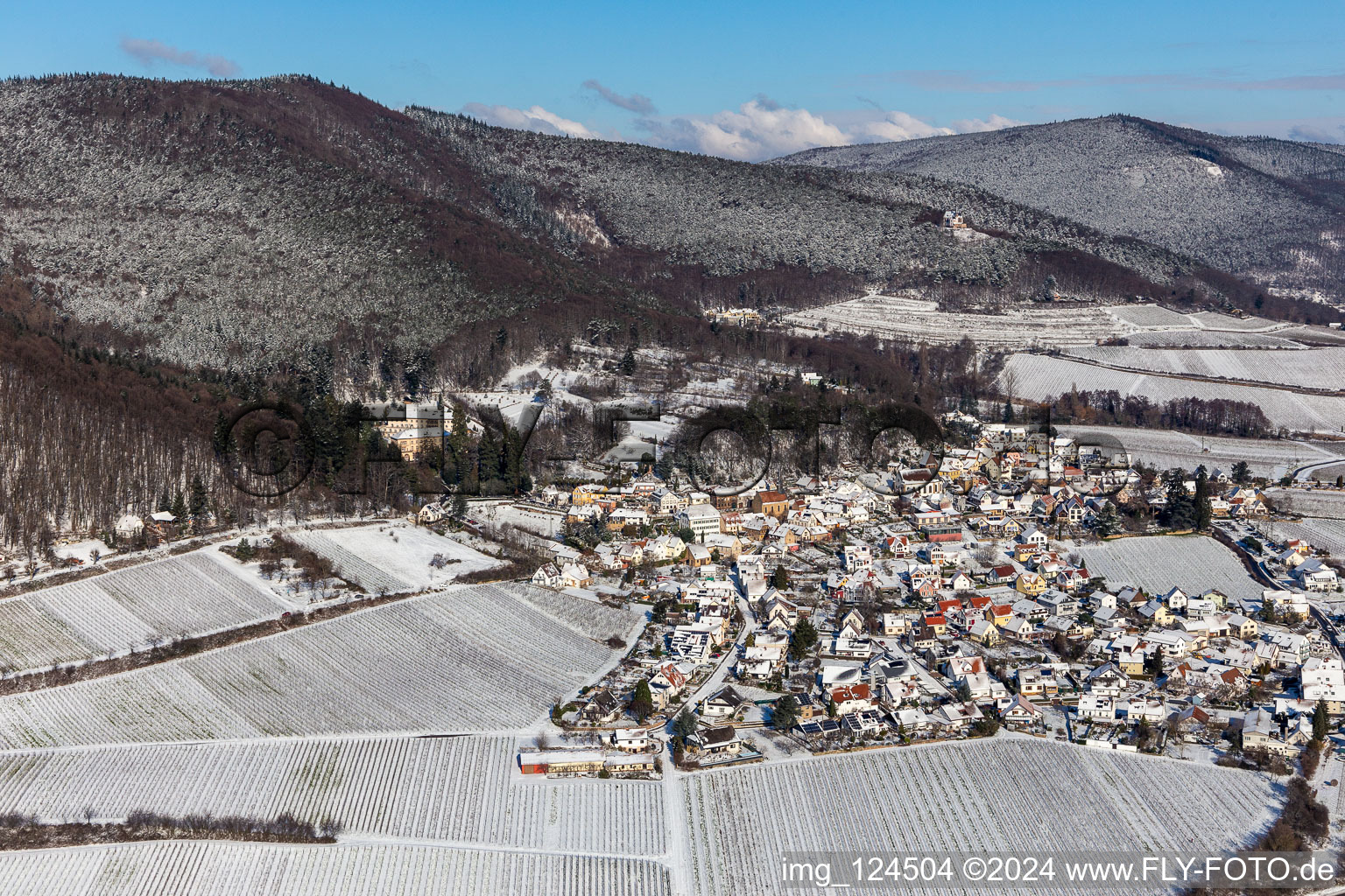 Winter aerial view in the snow in Gleisweiler in the state Rhineland-Palatinate, Germany