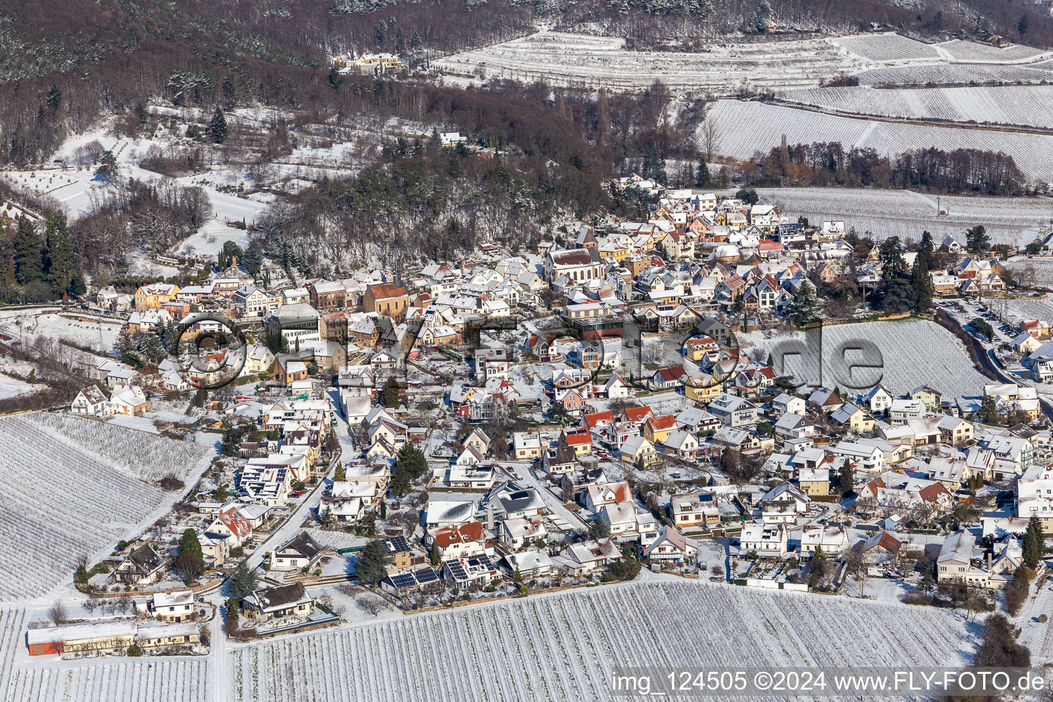 Aerial view of Winter aerial view in the snow in Gleisweiler in the state Rhineland-Palatinate, Germany