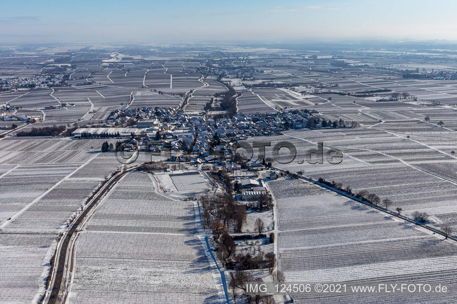 Winter aerial view in the snow in Böchingen in the state Rhineland-Palatinate, Germany